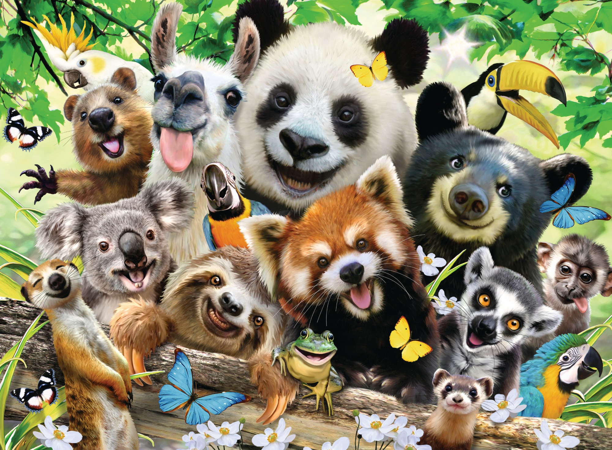 Kolorowa ilustracja przedstawia uśmiechnięte zwierzęta, takie jak panda, niedźwiedź, lemur, papuga, leniwiec i motyle w scenerii dżungli.