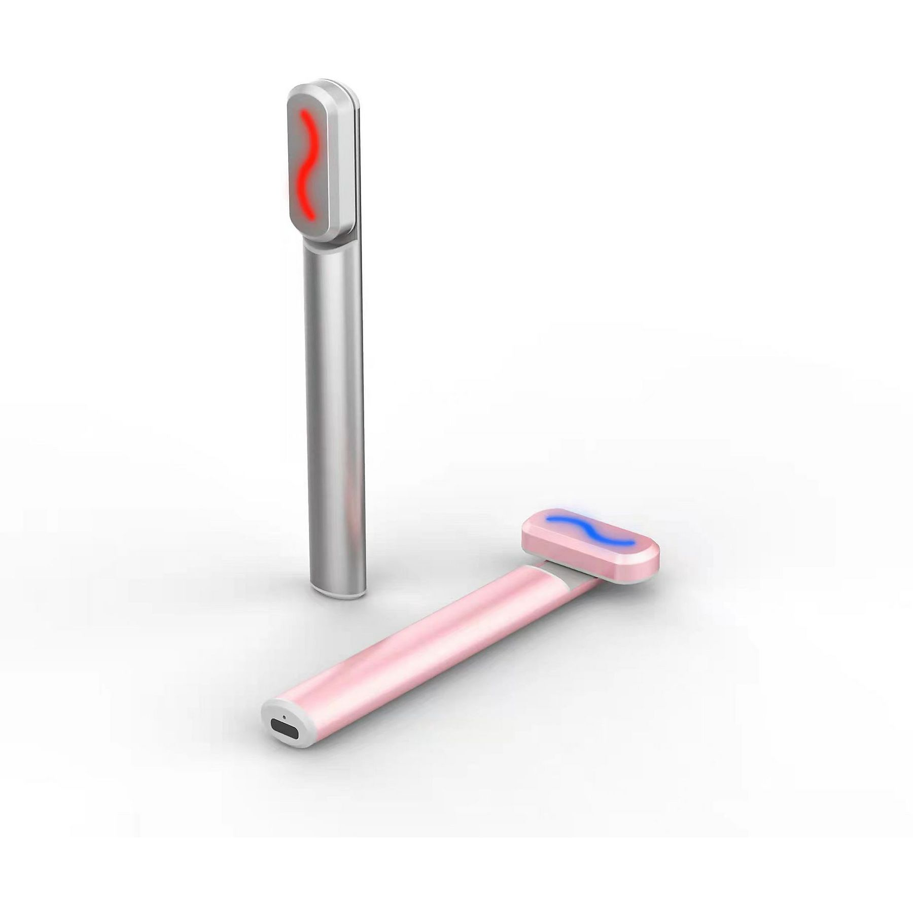 Zwei metallische Schönheitsgeräte. Eines rosa, liegend, eines silber, stehend. Beide haben ein farbiges wellenförmiges Licht.