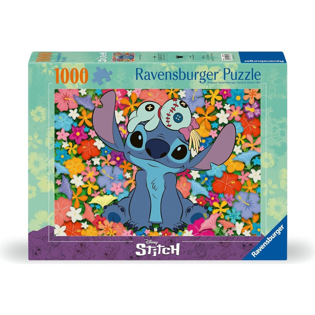 Pudełko puzzli Ravensburger z postacią Stitch otoczoną kolorowymi kwiatami. Stitch jest niebieski z dużymi uszami i małą figurką na głowie.