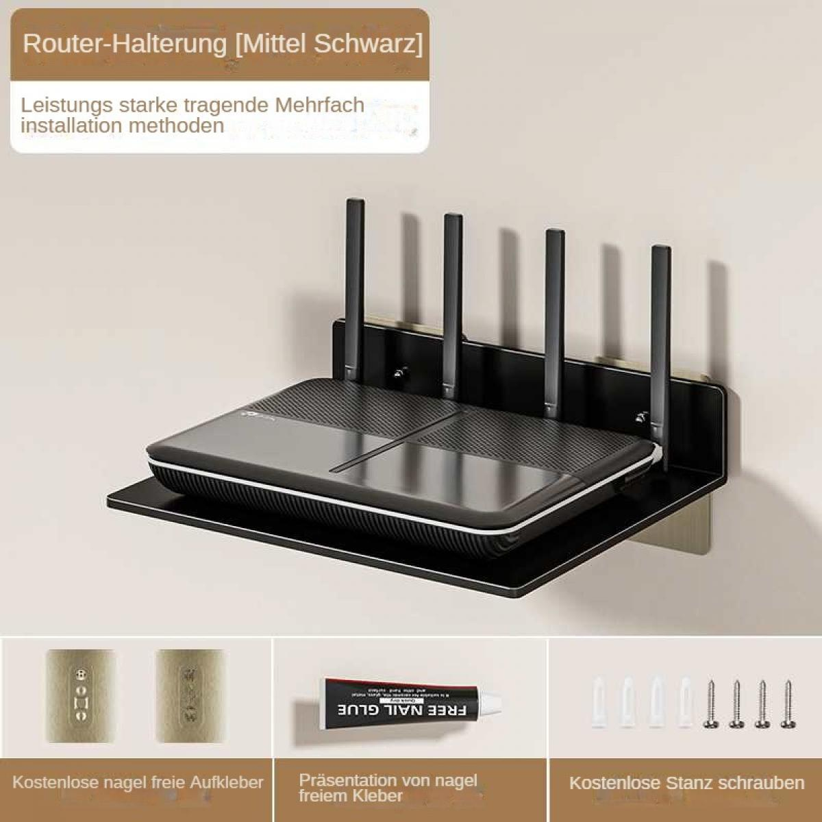 Schwarzer Router an einer Wandhalterung, mit Antennen. Darunter Kleber, Aufkleber und Schrauben zur Installation.