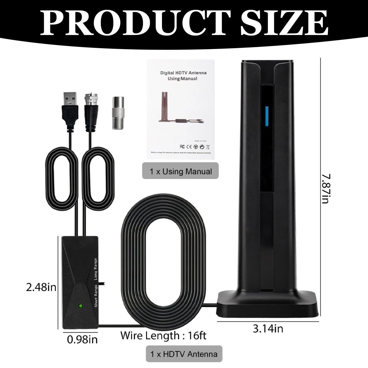 Produktgrößenbild. Zeigt eine HDTV-Antenne, Handbuch und Abmessungen. Enthält Kabel, Anschlüsse und einen Stromblock.