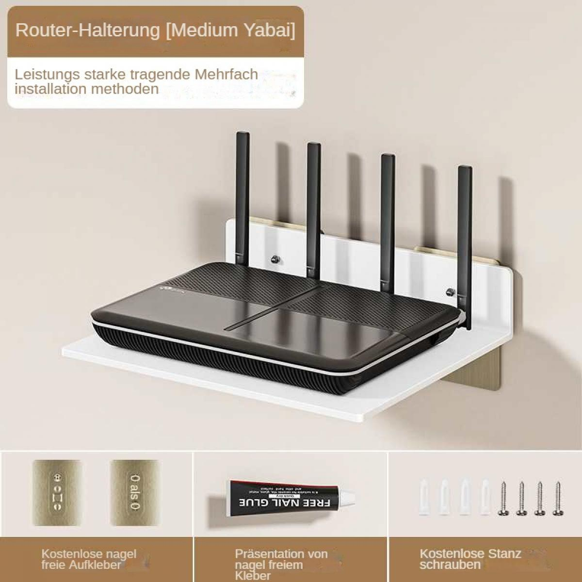 Ein Router auf einem weißen Regal mit schwarzen Antennen. Darunter Kleber, Schrauben und Klebepads. Auch deutscher Text vorhanden.