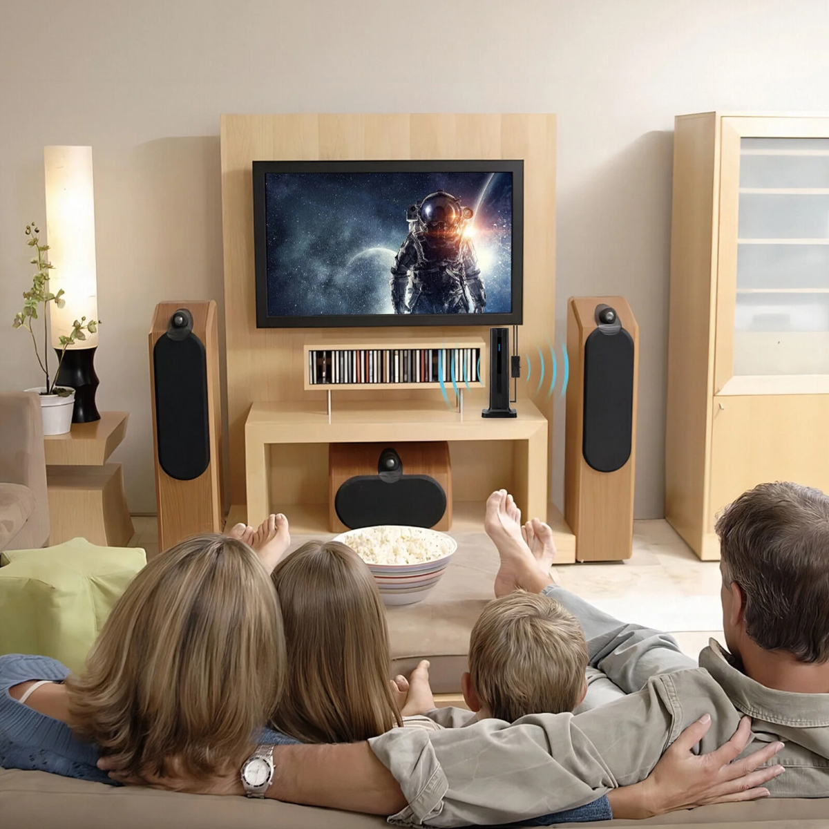 Familie schaut Fernsehen mit Astronautenszene. Lautsprecher, Popcorn und eine Lampe sind im Raum. Eine Familie entspannt sich auf dem Sofa.