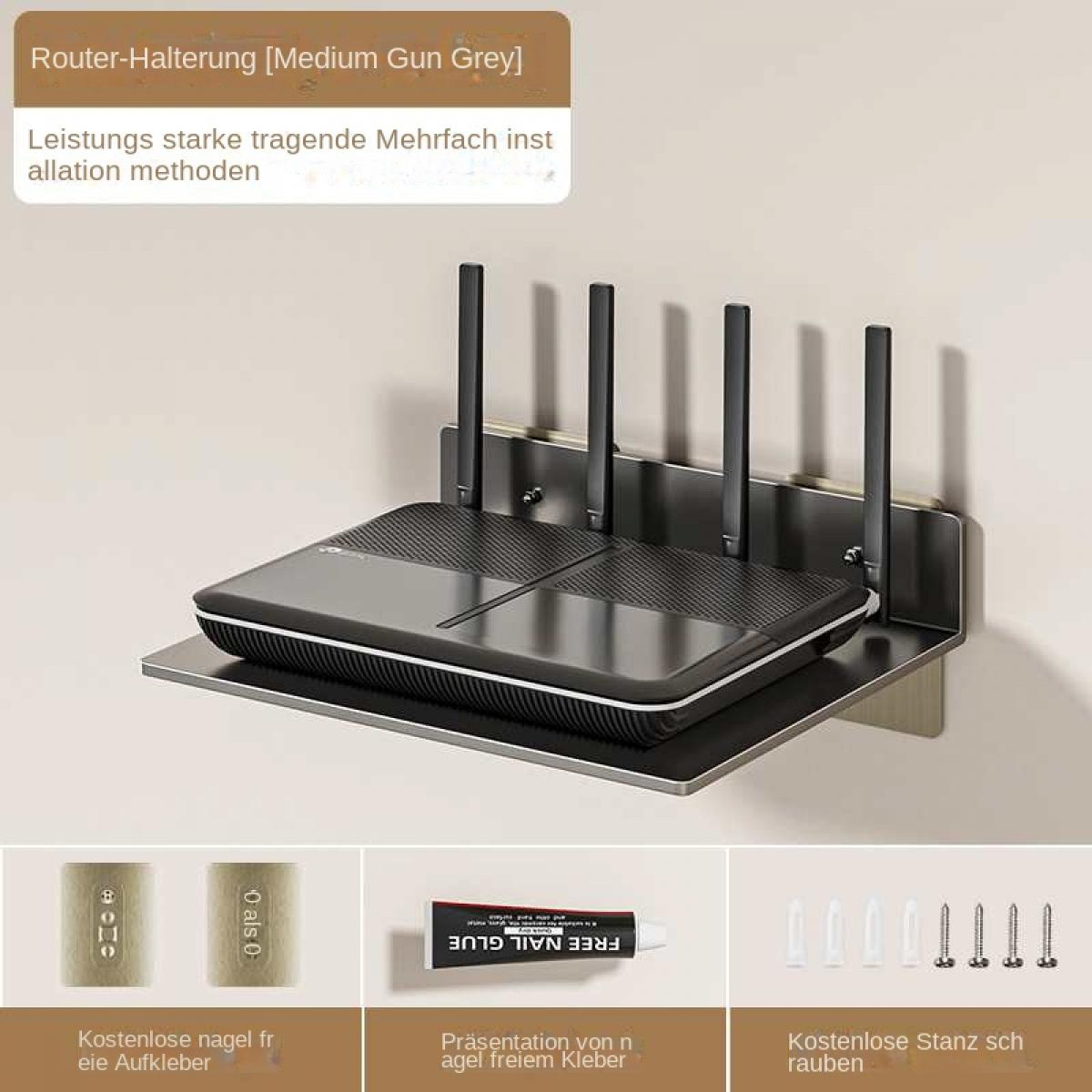Ein dunkelgrauer Router auf einem Regal mit Antennen. Darunter befinden sich Kleber, Aufkleber und Schrauben. Text auf Deutsch ist vorhanden.