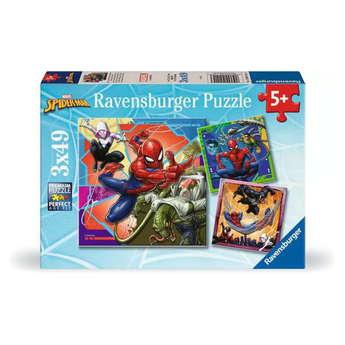 Puzzledose mit Spider-Man-Figuren. Zeigt Spider-Man in Aktion, mit anderen Helden und Schurken. Das Puzzle ist für Kinder ab 5 Jahren.