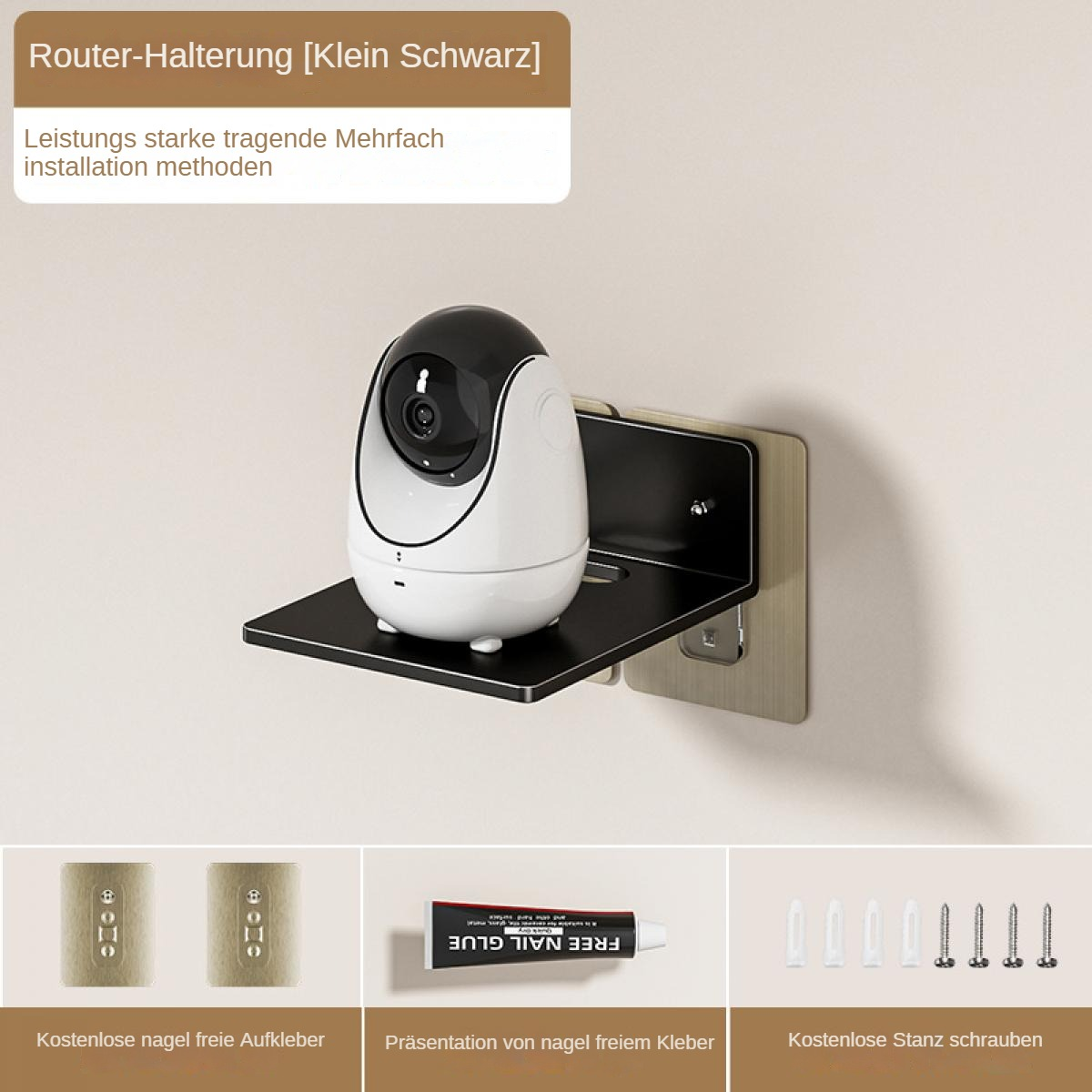 Eine weiß-schwarze Überwachungskamera auf einem schwarzen Regal, an der Wand montiert. Darunter Kleber, Aufkleber und Schrauben.