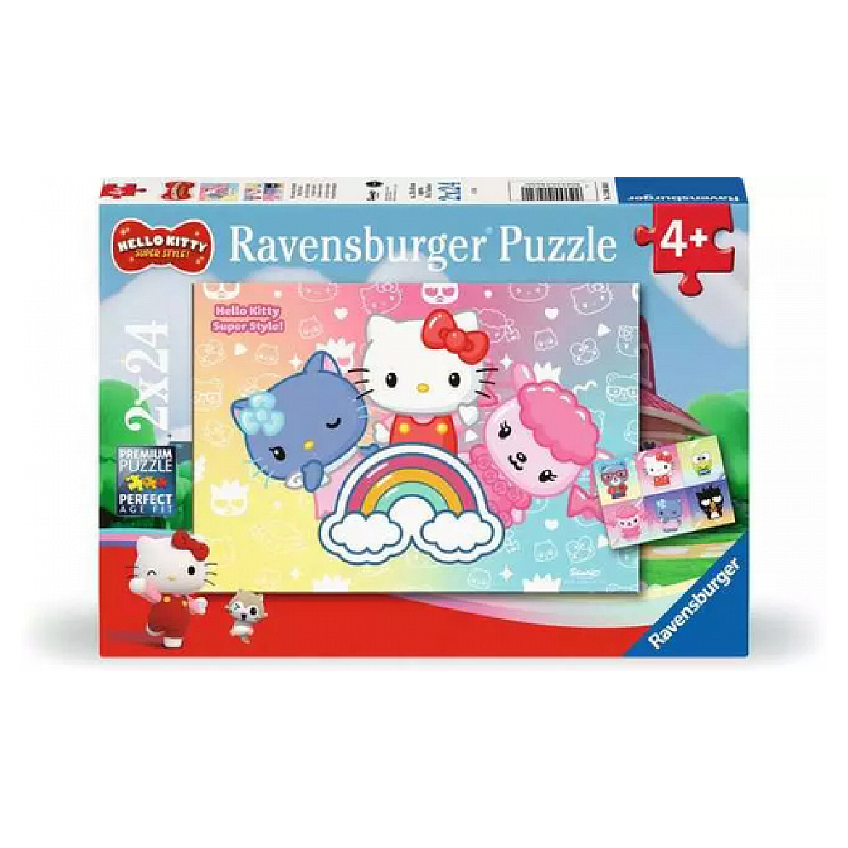 Pudełko z puzzlami Hello Kitty. Zawiera Hello Kitty i przyjaciół, tęczę i ikonę elementu układanki. Tło jest kolorowe.