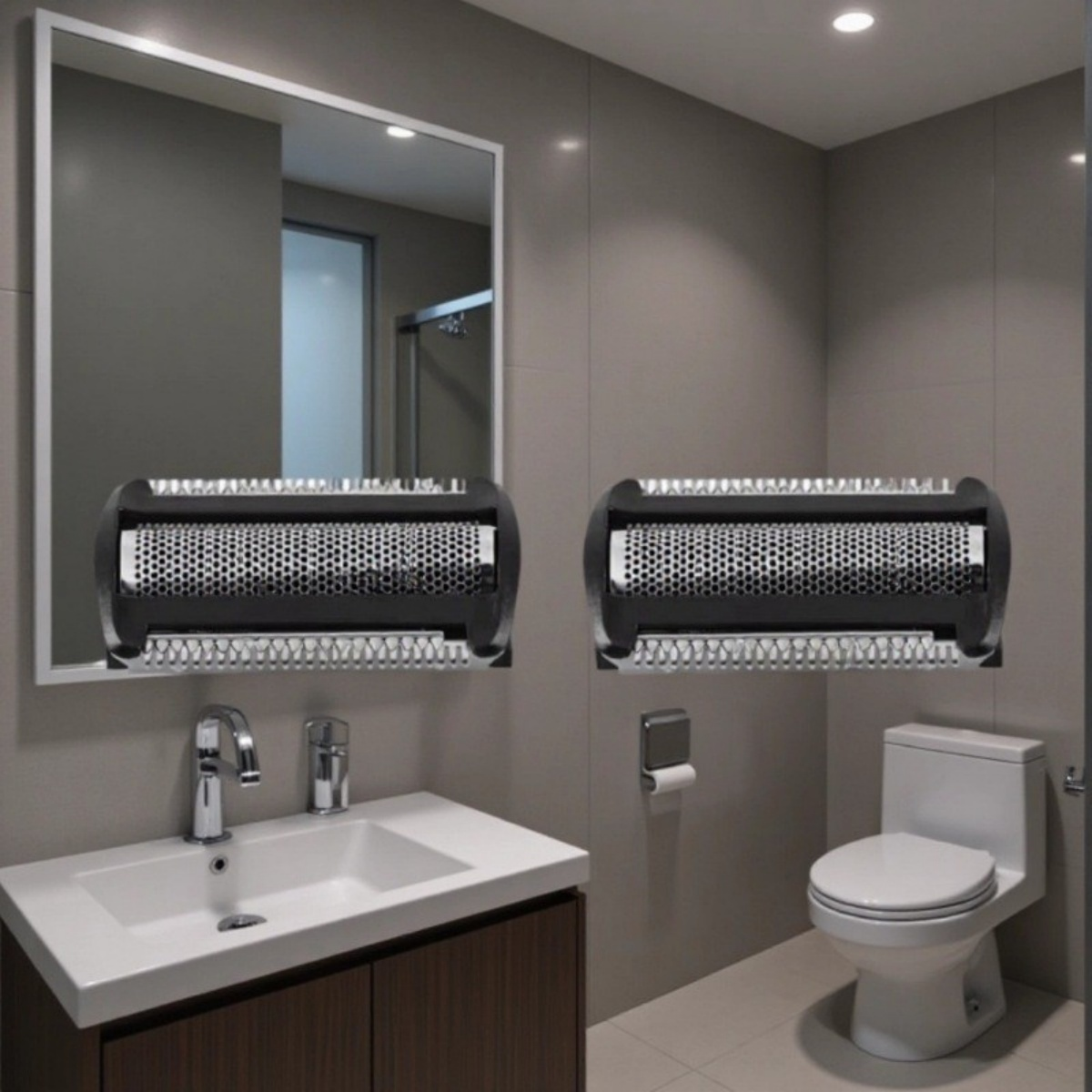 Badezimmer mit Spiegel, Waschbecken und Toilette. Zwei Rasiererköpfe sind an der Wand montiert. Der Raum hat graue Fliesen und ein modernes Design.