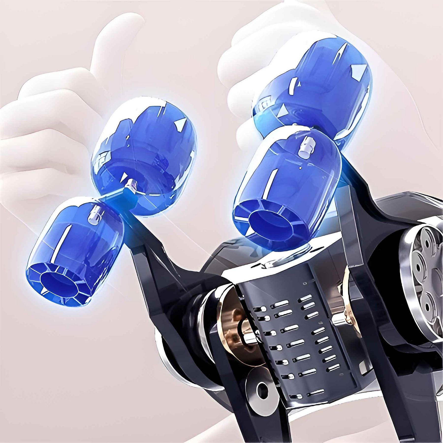 Abstraktes Bild einer Maschine mit blauen Zylindern und weißer Hand, die einen Daumen hoch gibt, mit hellem Hintergrund.