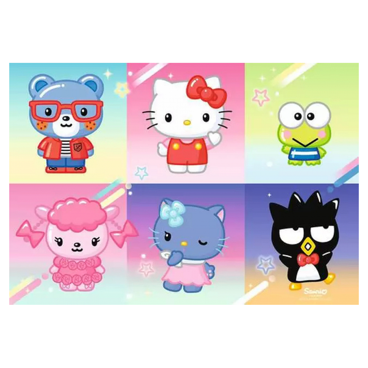 Sześć postaci z kreskówek w kolorowych kwadratach: miś, Hello Kitty, żaba, owca, kot i pingwin. Każdy ma unikalny strój.