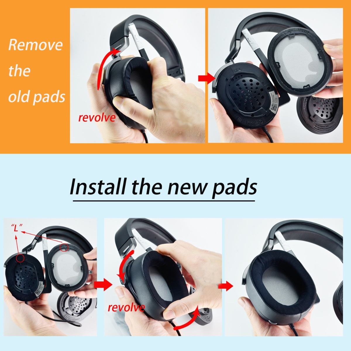 Instrucciones para reemplazar las almohadillas de los auriculares. Los pasos incluyen quitar las almohadillas viejas e instalar las nuevas girándolas. Se incluyen etiquetas de texto.