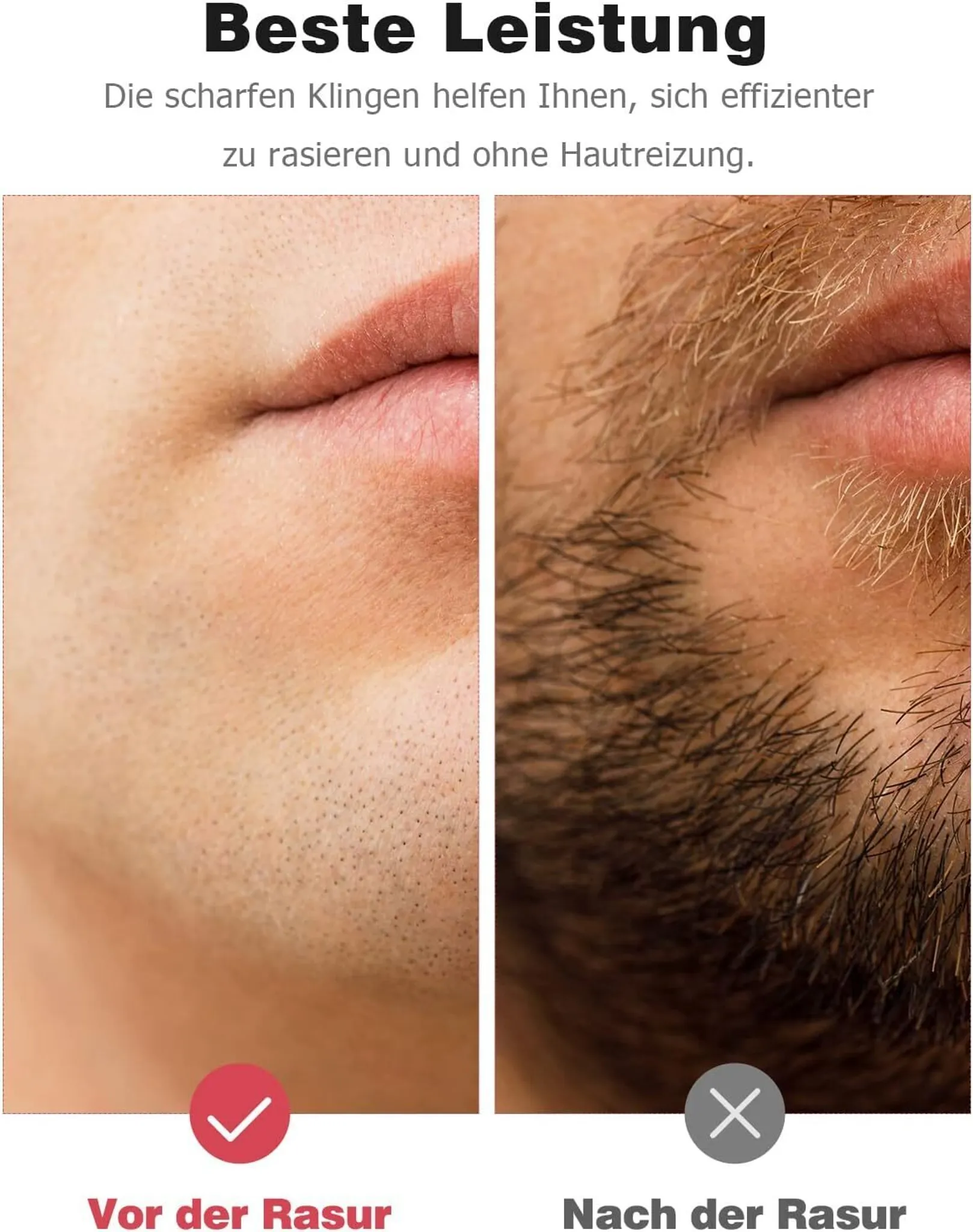 Das Bild zeigt ein rasiertes Gesicht und ein Gesicht mit Bart nebeneinander, mit Text, der 'vor' und 'nach' der Rasur anzeigt.