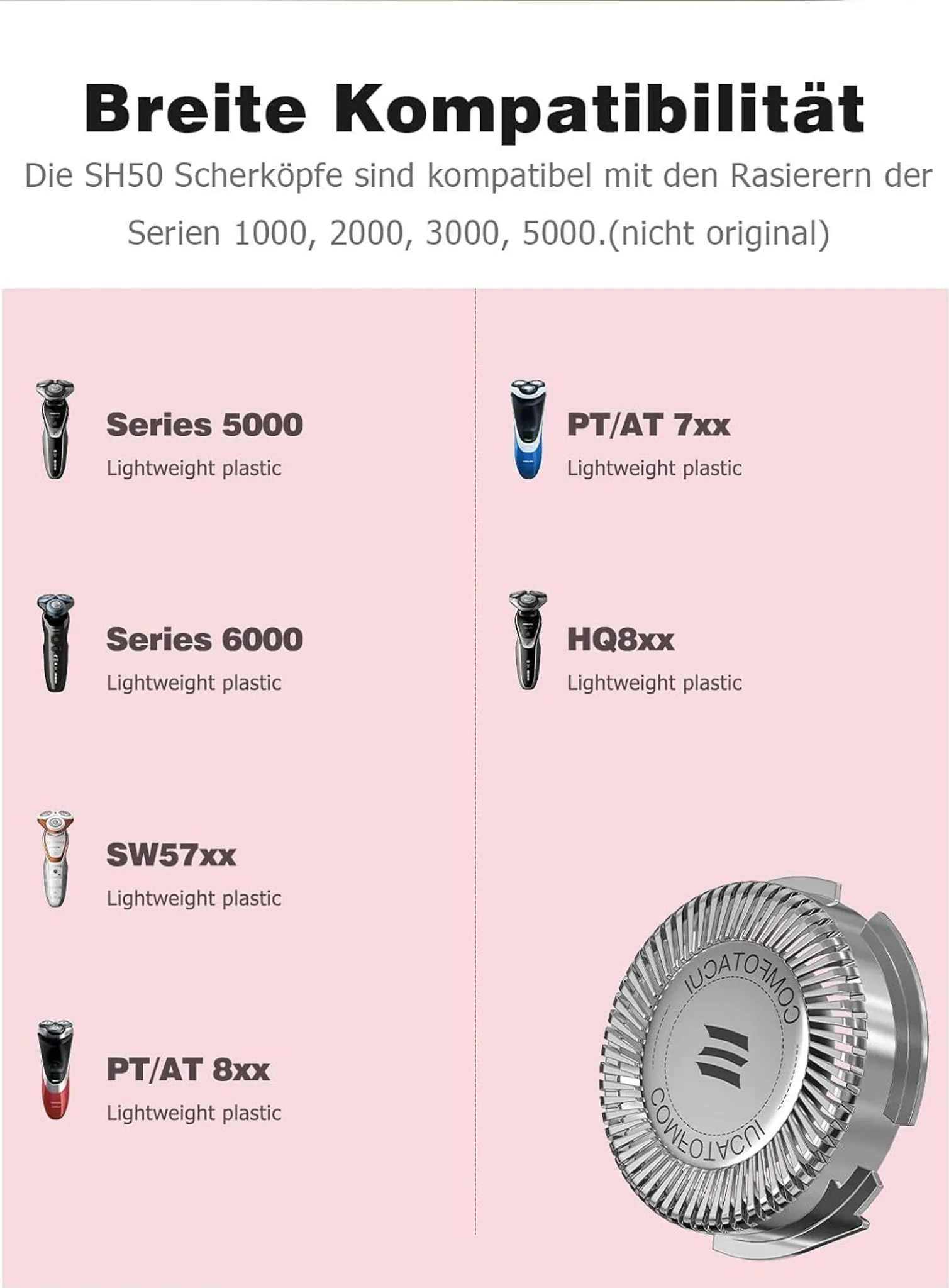 Das Bild zeigt Informationen zur Kompatibilität von Rasierer-Scherköpfen. Es enthält Text, Rasierermodelle und eine Abbildung eines Scherkopfes.