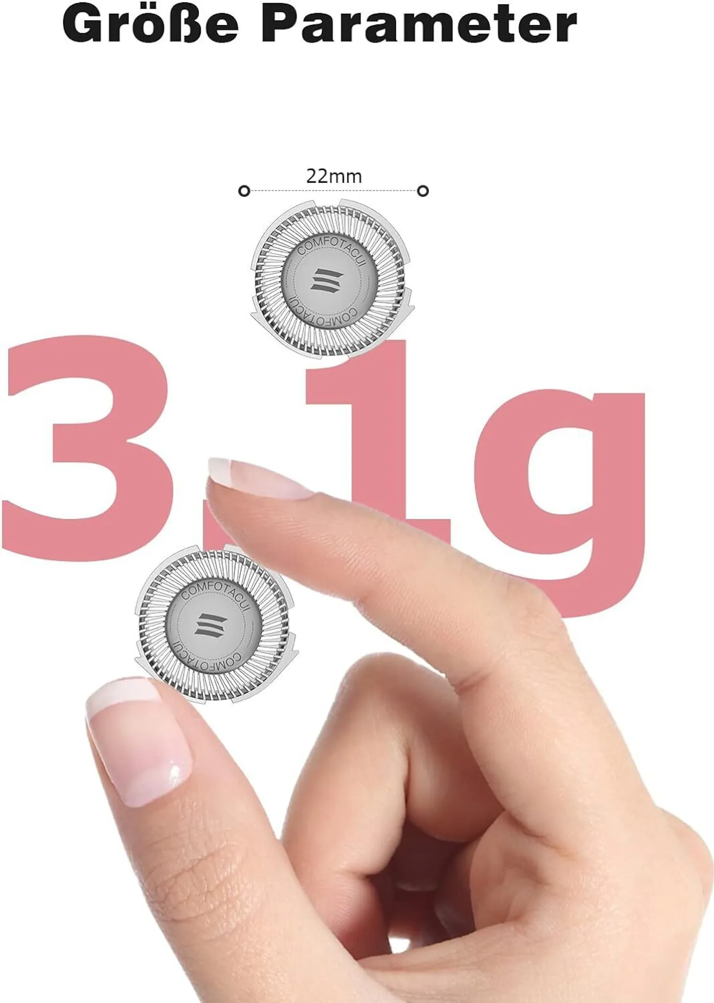 Eine Hand hält zwei kleine silberne, kreisförmige Objekte. Rosa Text zeigt 3,1 g und 22 mm. Oben steht das Wort 'Größe Parameter'.
