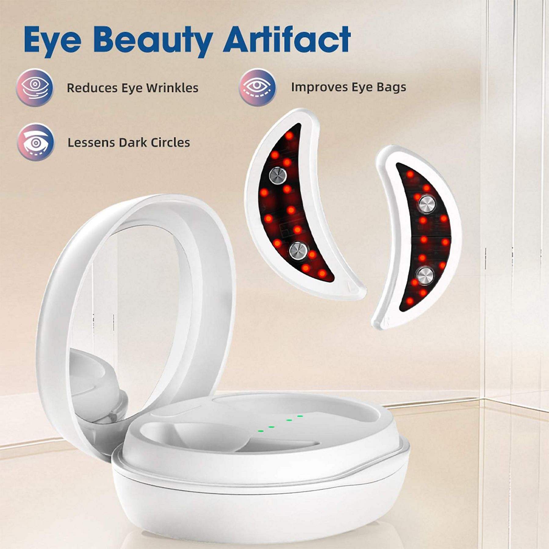 Weißes Augen-Beauty-Gerät. Reduziert Falten, verbessert Tränensäcke und mindert dunkle Augenringe. Enthält Ladestation und Augenpads.