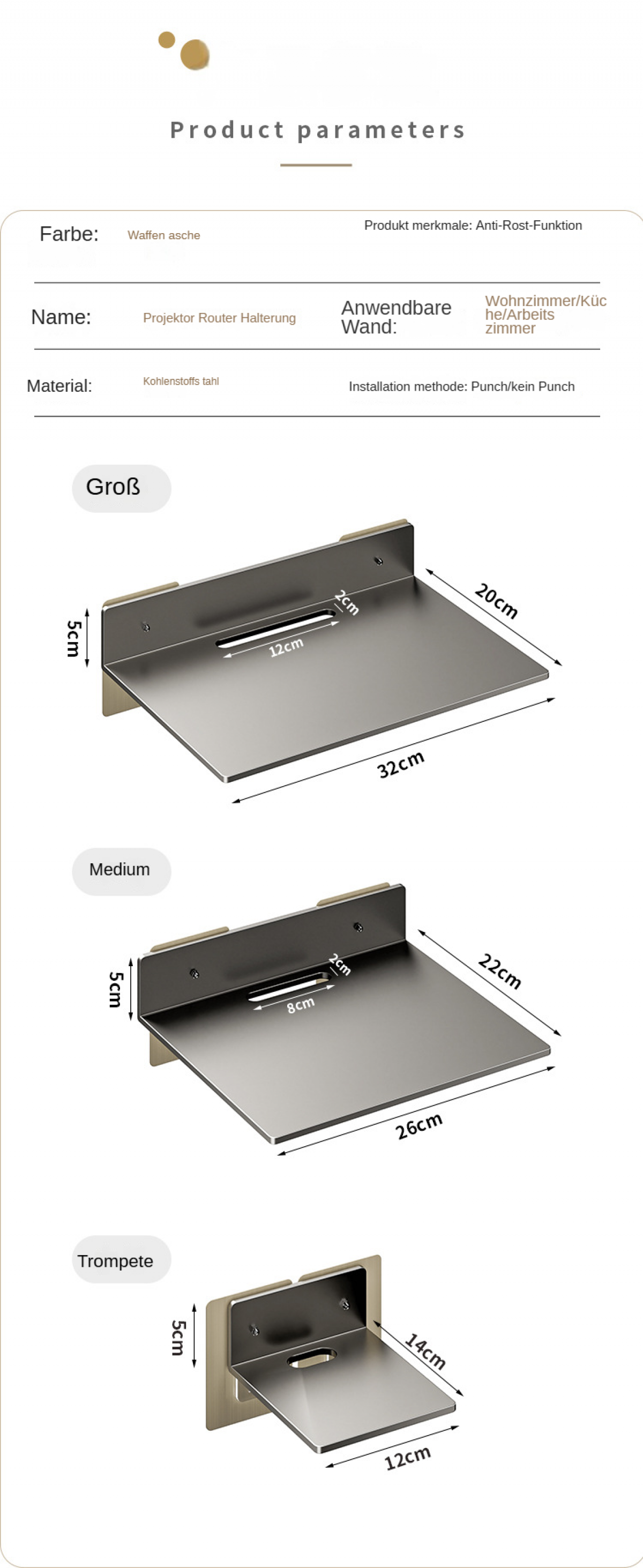 Das Bild zeigt Produktparameter, einschließlich Abmessungen verschiedener Metallregale mit Messungen und Textbeschriftungen.