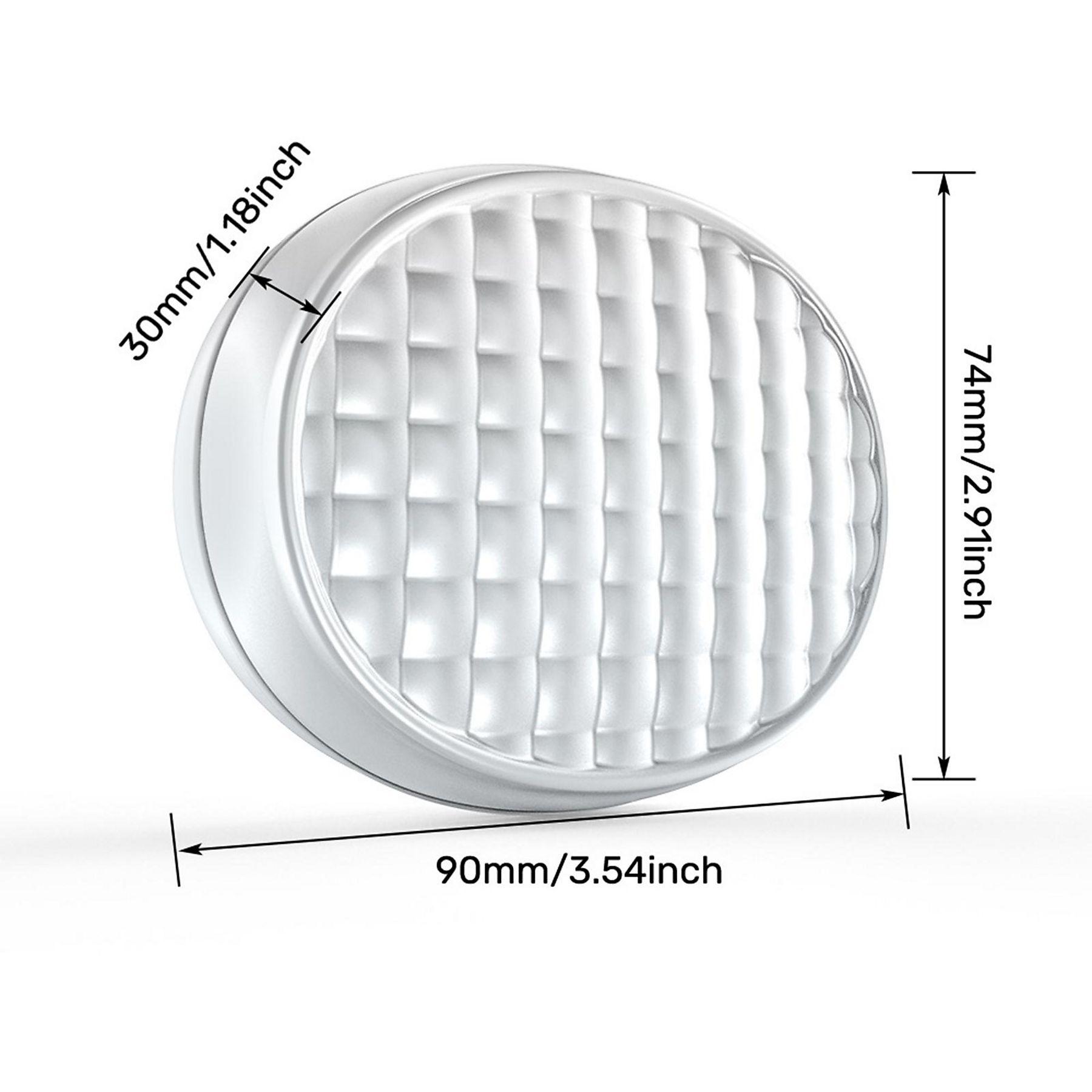 Ein weißes, rundes Objekt mit einem Gittermuster. Abmessungen sind beschriftet: 90 mm, 74 mm und 30 mm.