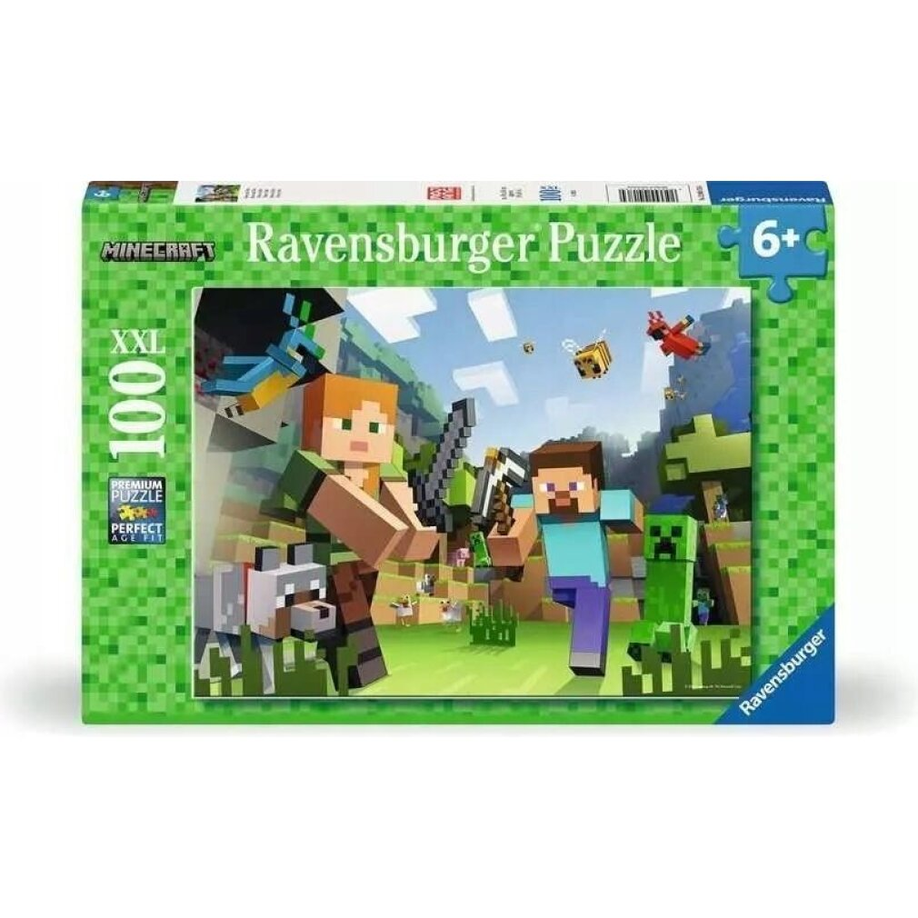 Minecraft Ravensburger Puzzleschachtel. Charaktere und Tiere aus dem Spiel sind auf der Schachtel. Grün- und Blautöne dominieren.