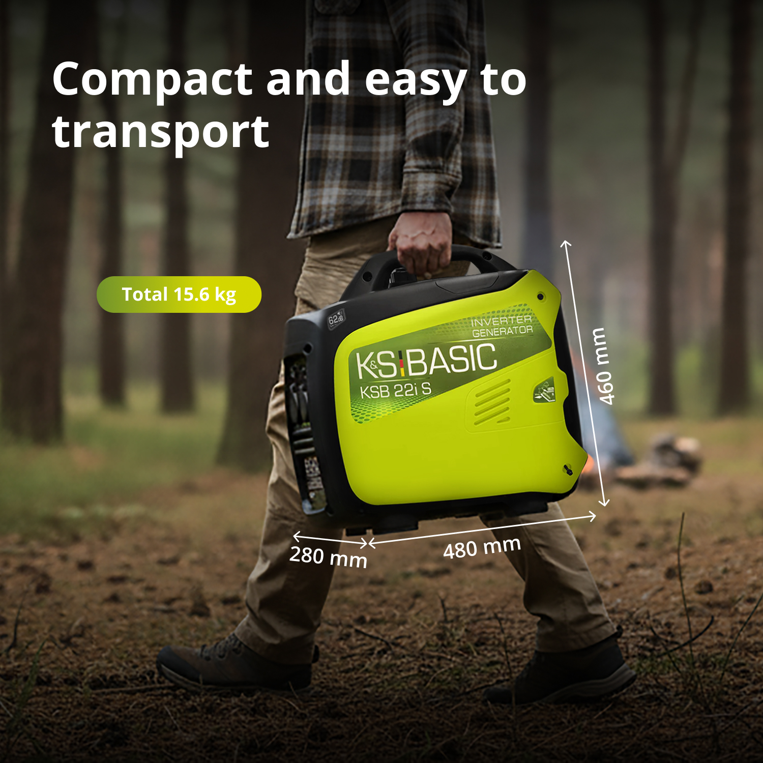 Osoba niesie limonkowy generator z czarnymi detalami. Oznaczony 'KS BASIC'. Pokazano wymiary. Tło to las.