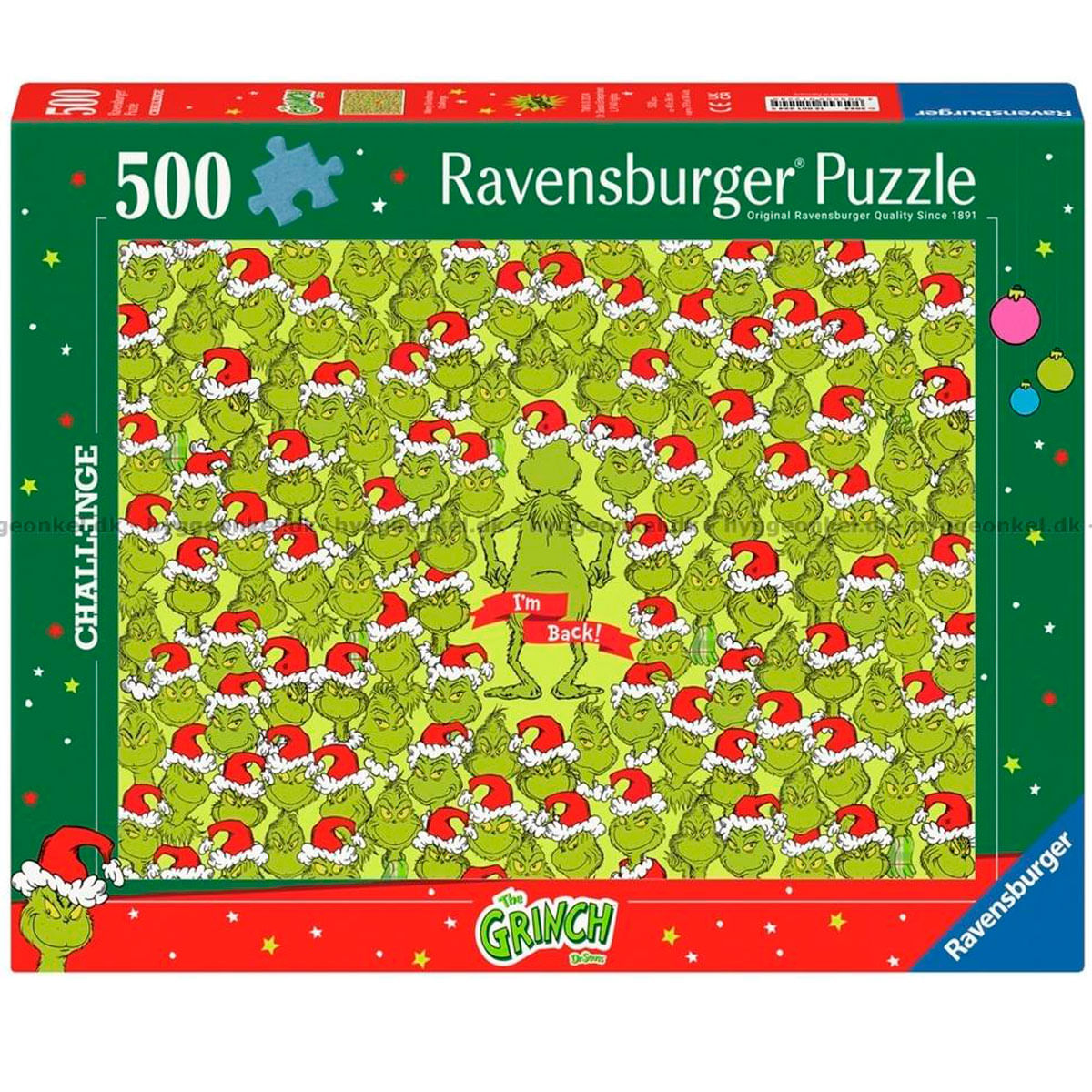 Pudełko z puzzlami z wieloma twarzami Grincha w czapkach Świętego Mikołaja. Grinch jest pośrodku z transparentem z napisem "I'm Back!"