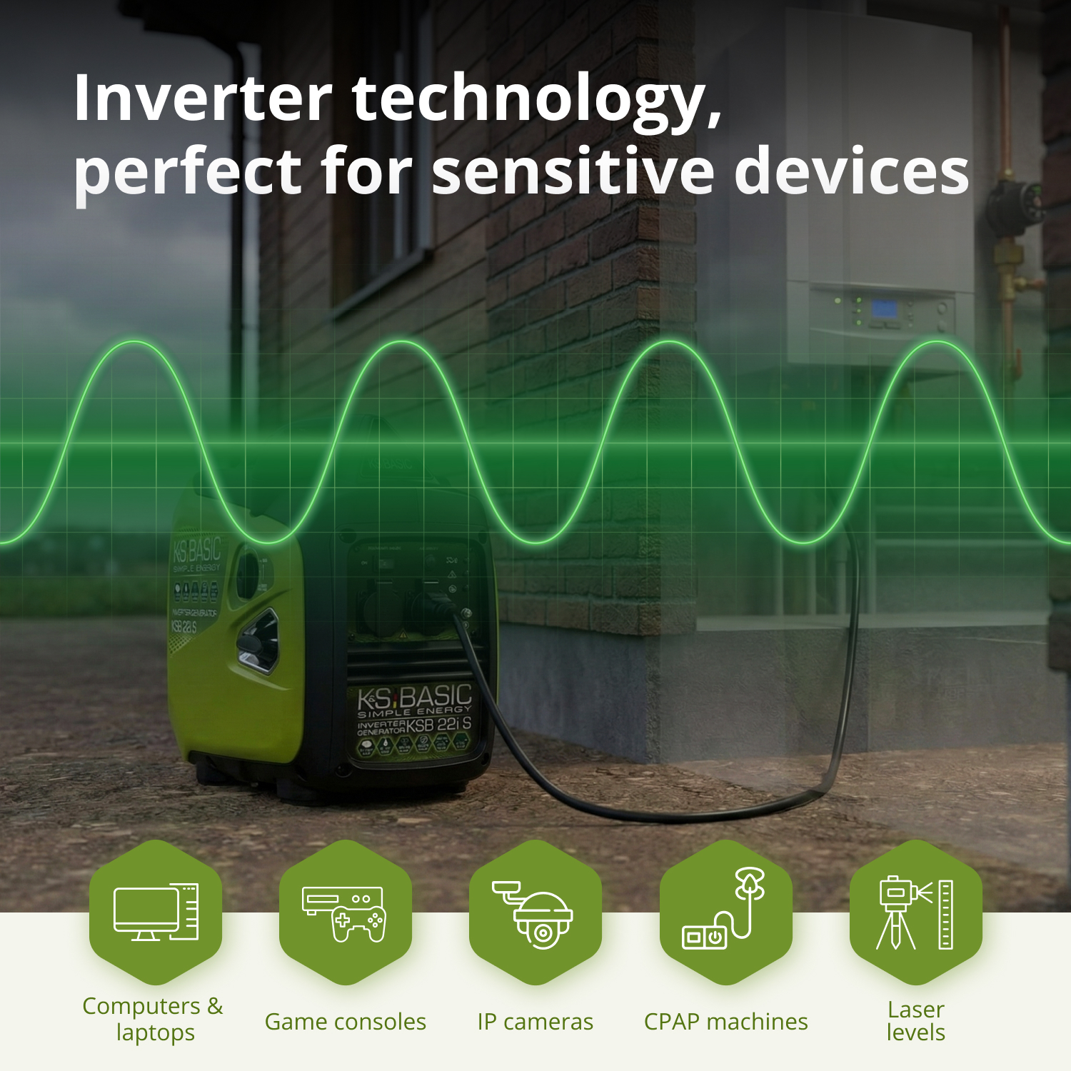 Zielony generator z tekstem, grafiką falową i ikonami urządzeń. Tekst: Technologia inwertera, idealna dla urządzeń wrażliwych.