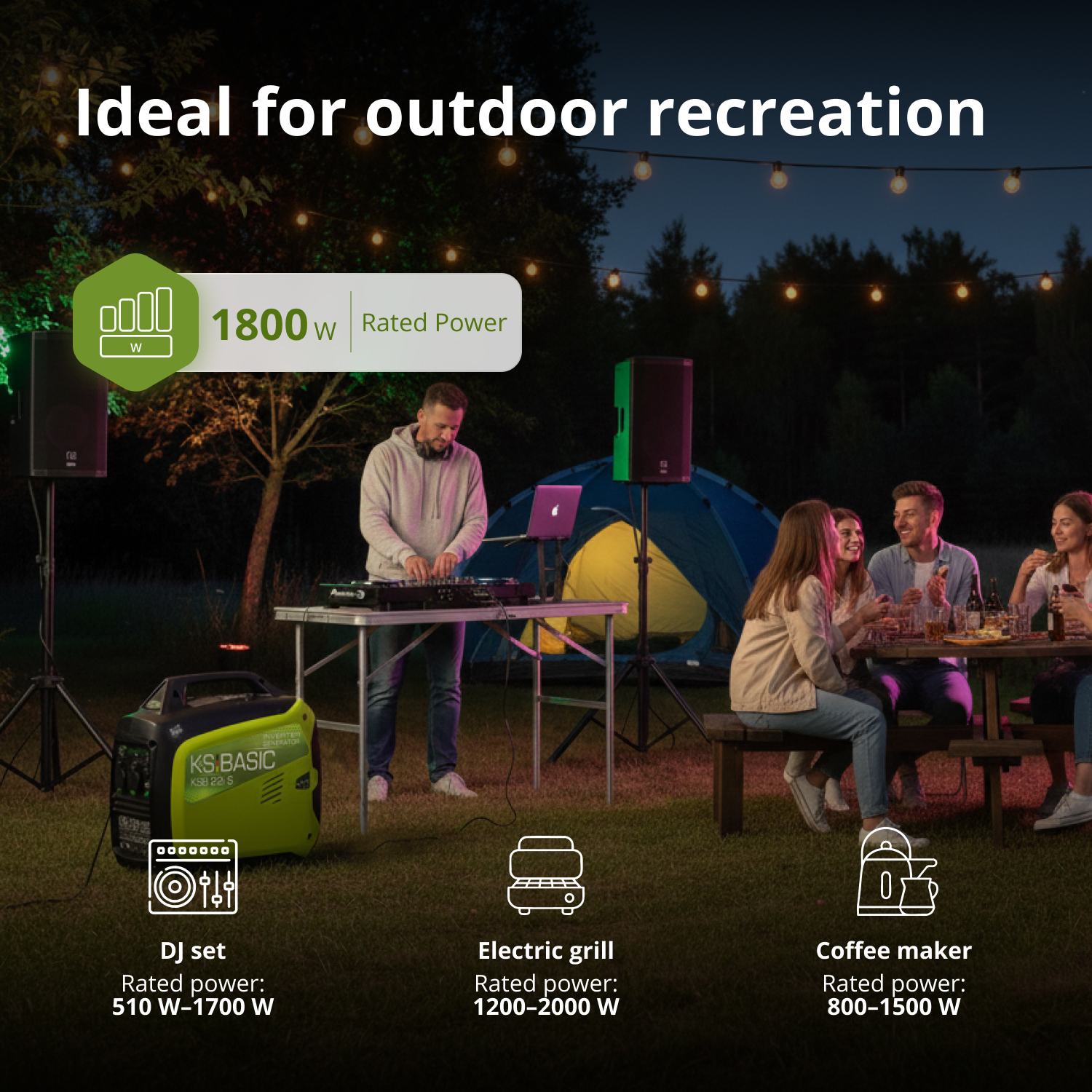 Scena na świeżym powietrzu z DJ-em, ludźmi przy stole i sprzętem kempingowym. Pokazano również agregat i oceny mocy.