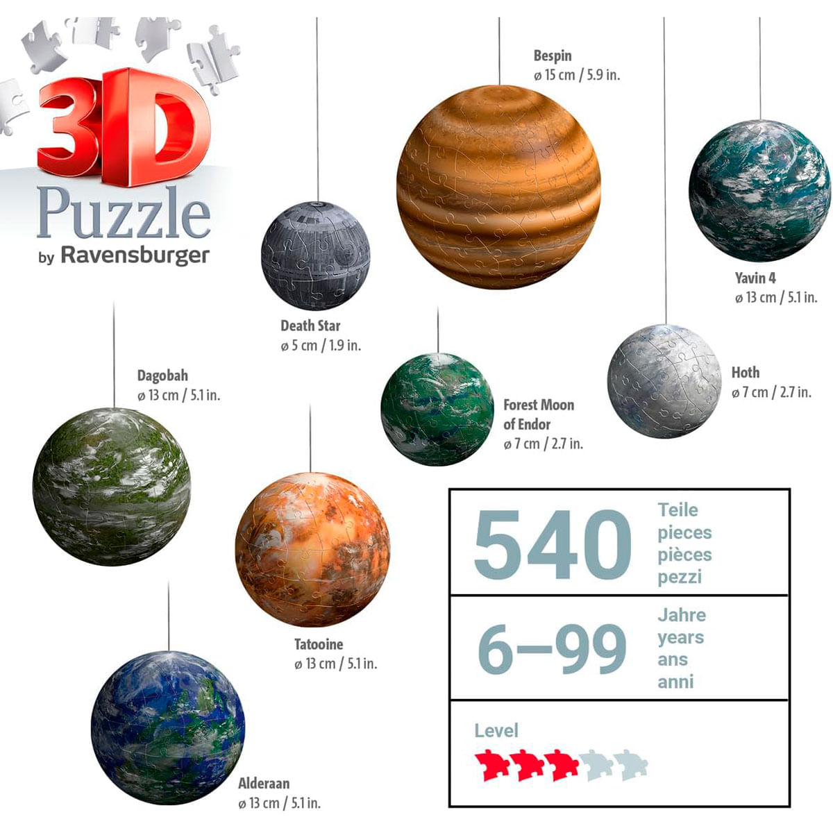 Zestaw puzzli 3D z planetami, w tym Gwiazdą Śmierci, Bespin, Tatooine i innymi, z logo Ravensburger i szczegółami puzzli.