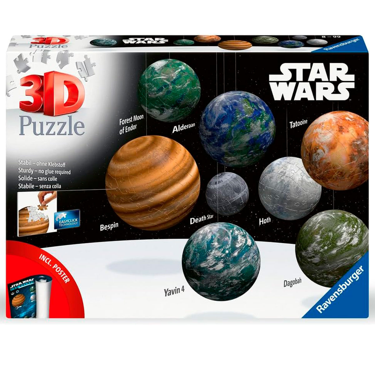 Pudełko z puzzlami 3D Star Wars przedstawia planety takie jak Tatooine i Death Star. Pudełko przedstawia puzzle, planety i logo Star Wars.