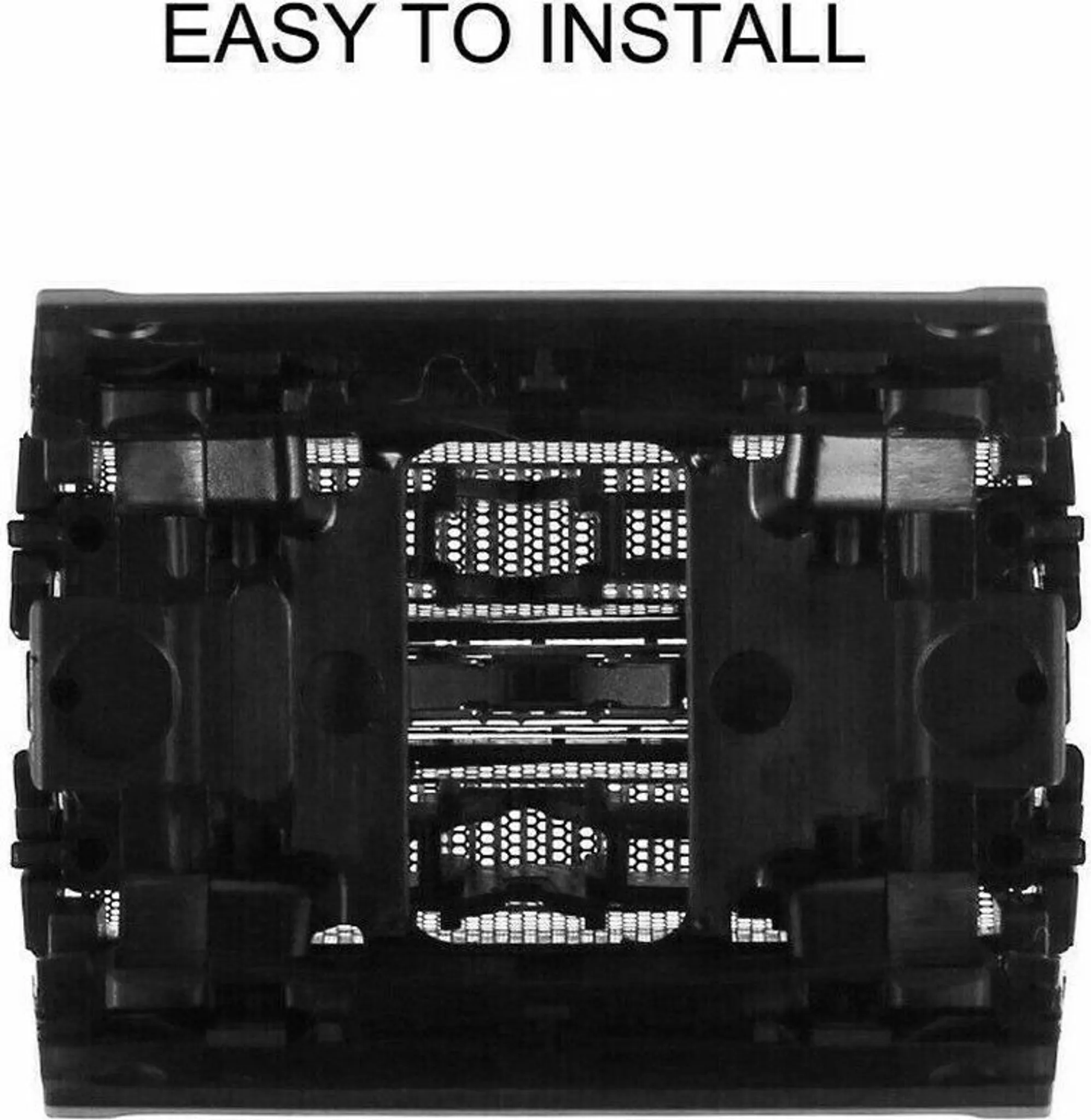 Schwarze Kunststoffkomponente mit Gittermuster und dem Text 'EASY TO INSTALL' oben.