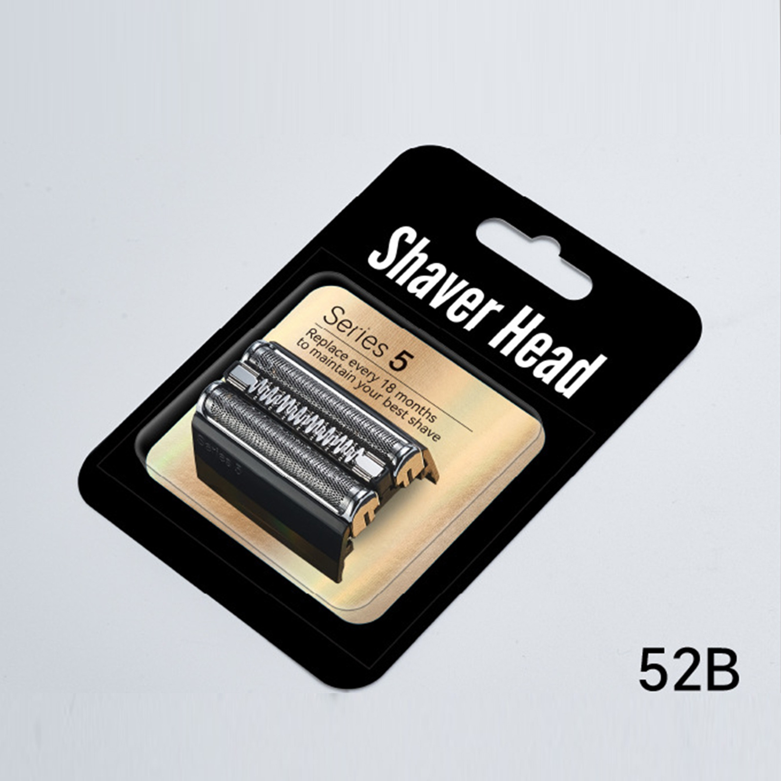 Eine schwarze Rasiererkopfverpackung mit dem Text 'Shaver Head Series 5' und der Nummer 52B unten rechts.