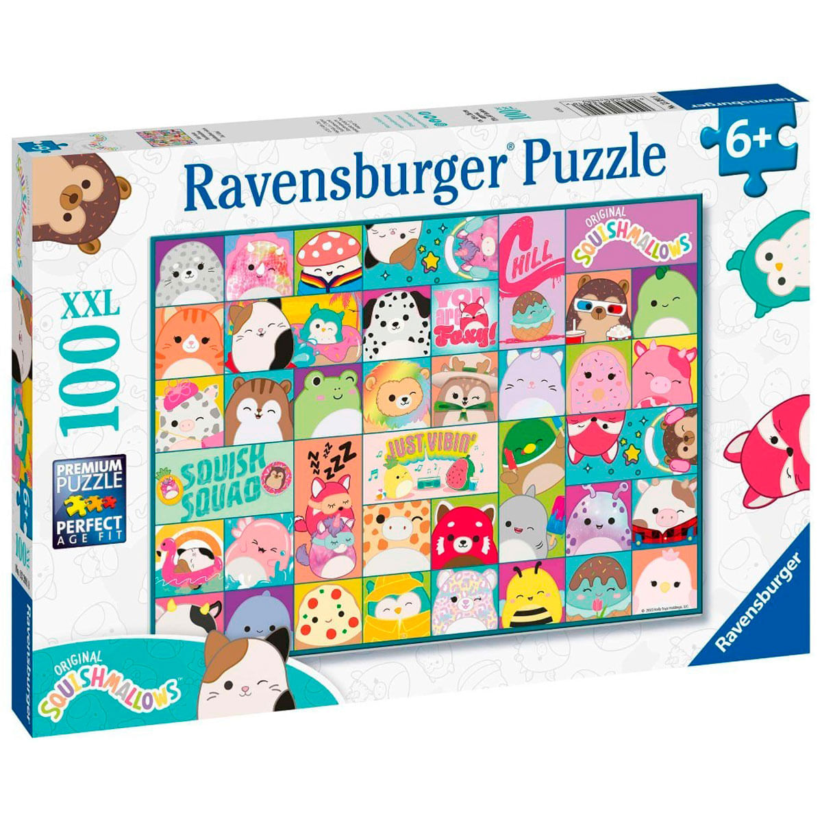 Ravensburger 100-delige Squishmallows puzzel. Bevat kleurrijke vierkante afbeeldingen van Squishmallows karakters.