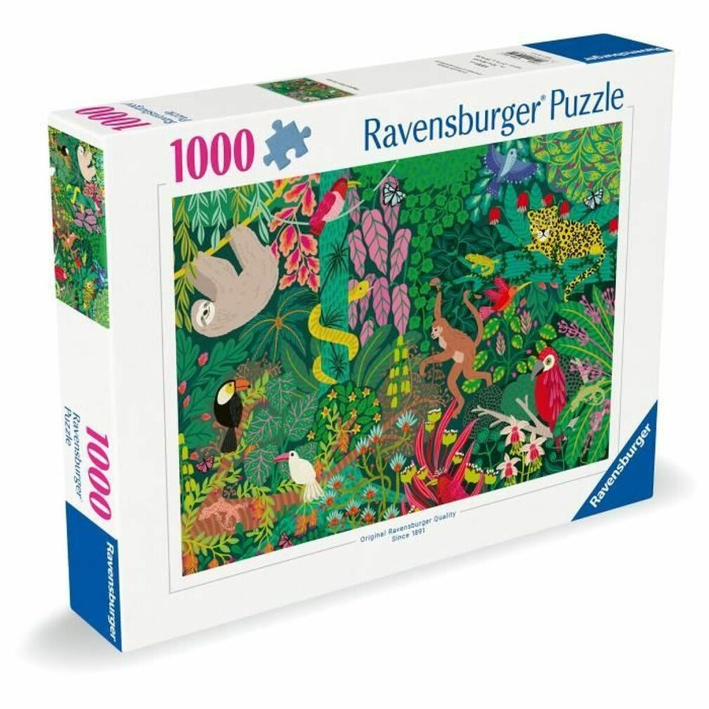 Pudełko puzzli Ravensburger ze sceną dżungli. Zwierzęta to leniwiec, małpa, tukan, papuga i lampart wśród bujnej zieleni.