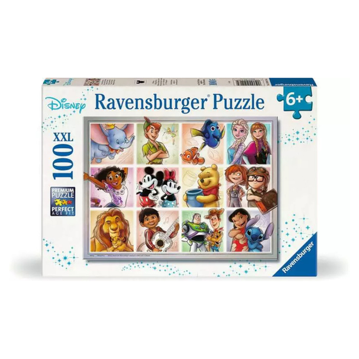 Pudełko z puzzlami Disneya Ravensburger, 100 elementów. Zawiera postacie z kreskówek, takie jak Dumbo, Piotruś Pan, Myszka Miki i Simba.