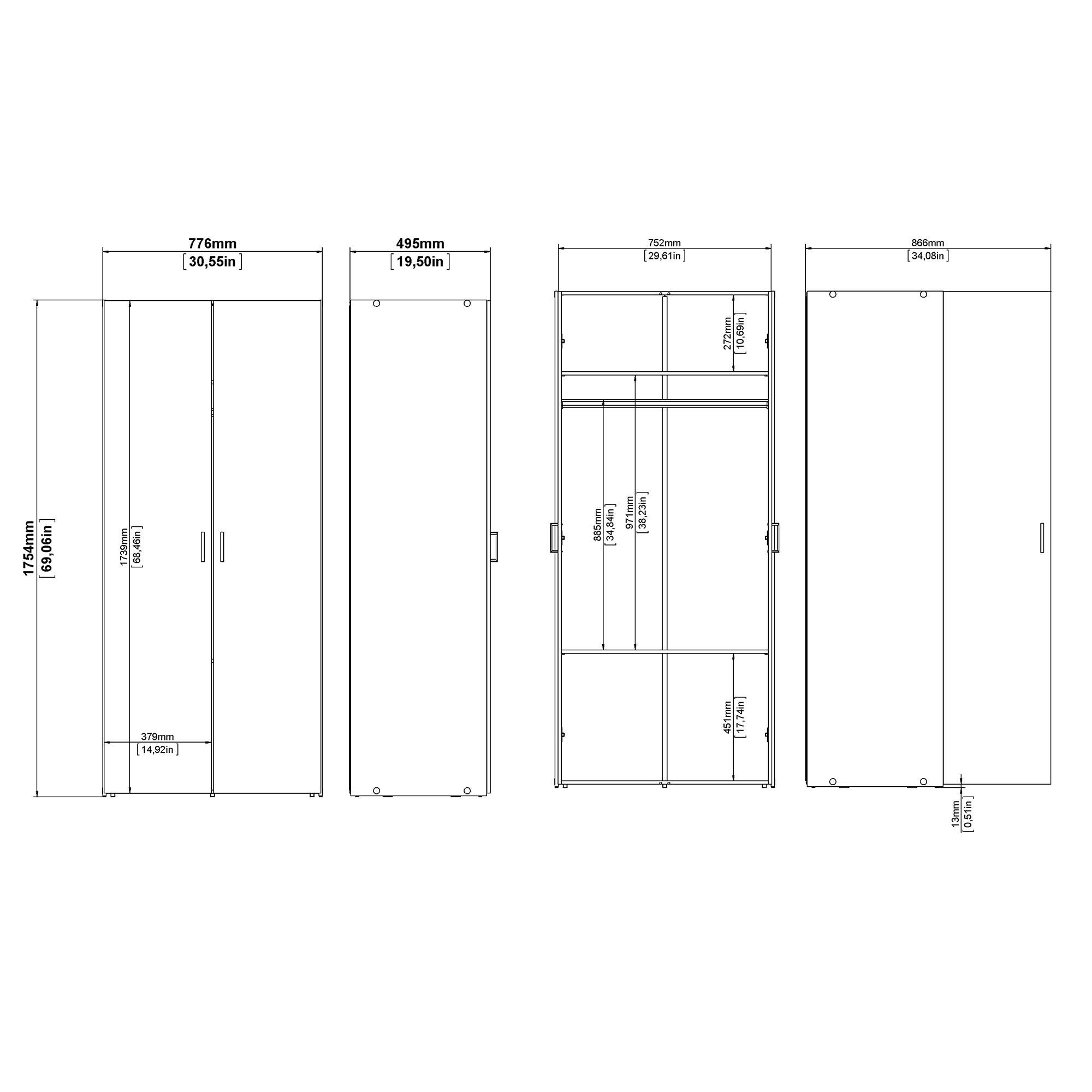 Diagrama de muebles con dimensiones en milímetros y pulgadas. Incluye armarios y estanterías.