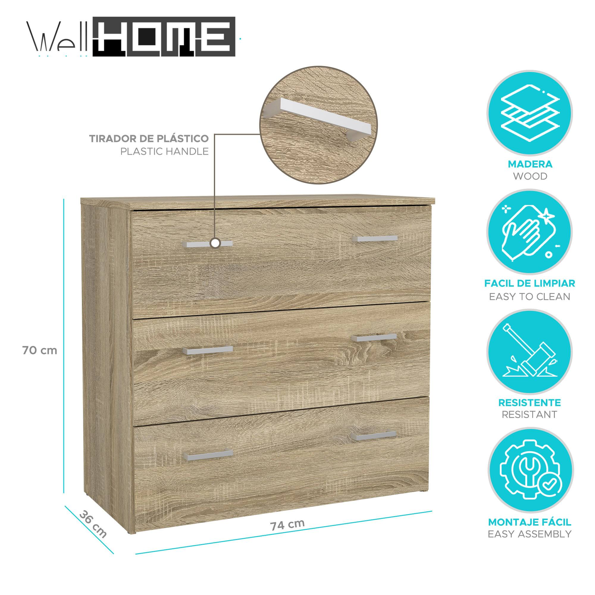 Una cómoda de madera con tres cajones, tiradores plateados y dimensiones sobre fondo blanco.