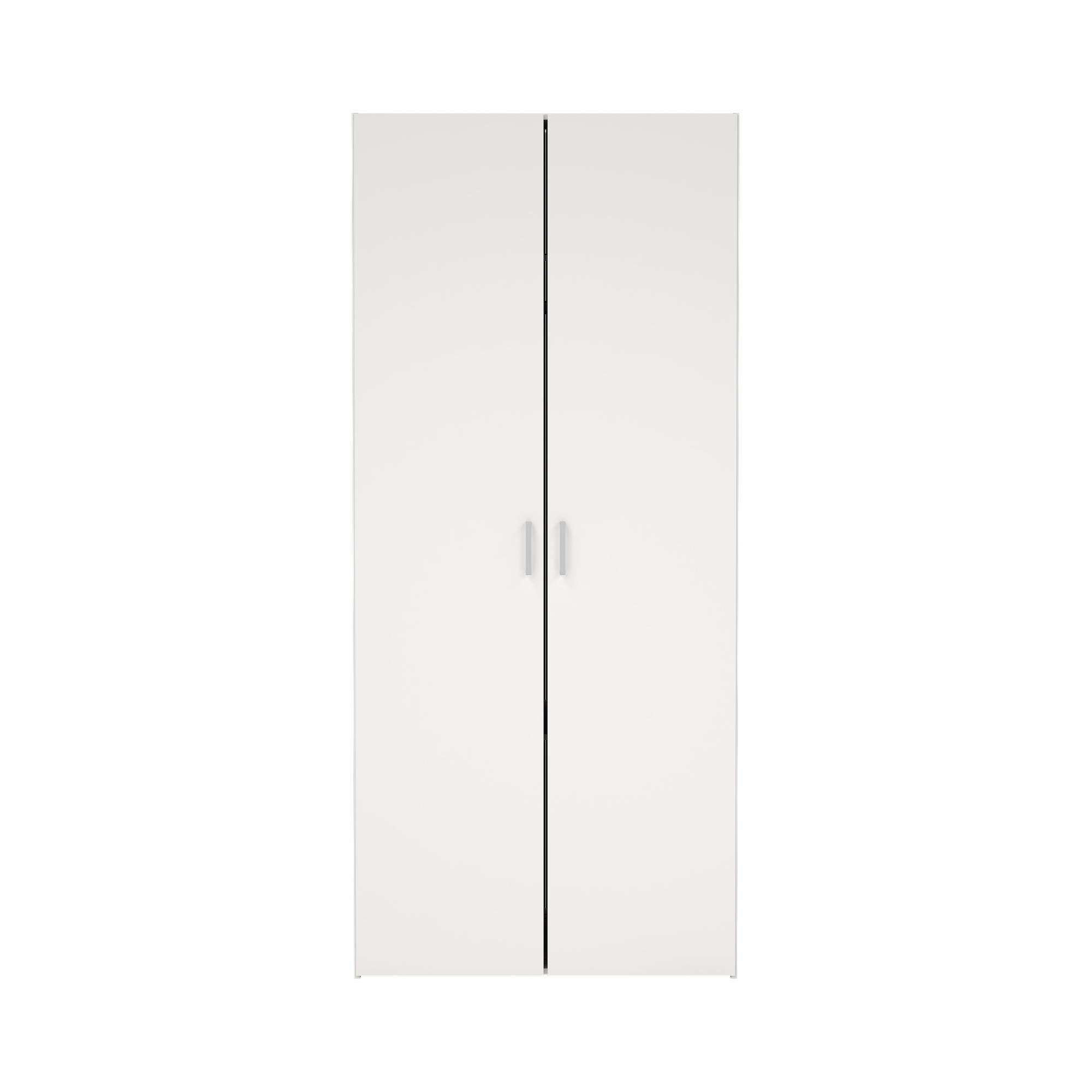 Un armario blanco con dos puertas y tiradores plateados sobre un fondo blanco.