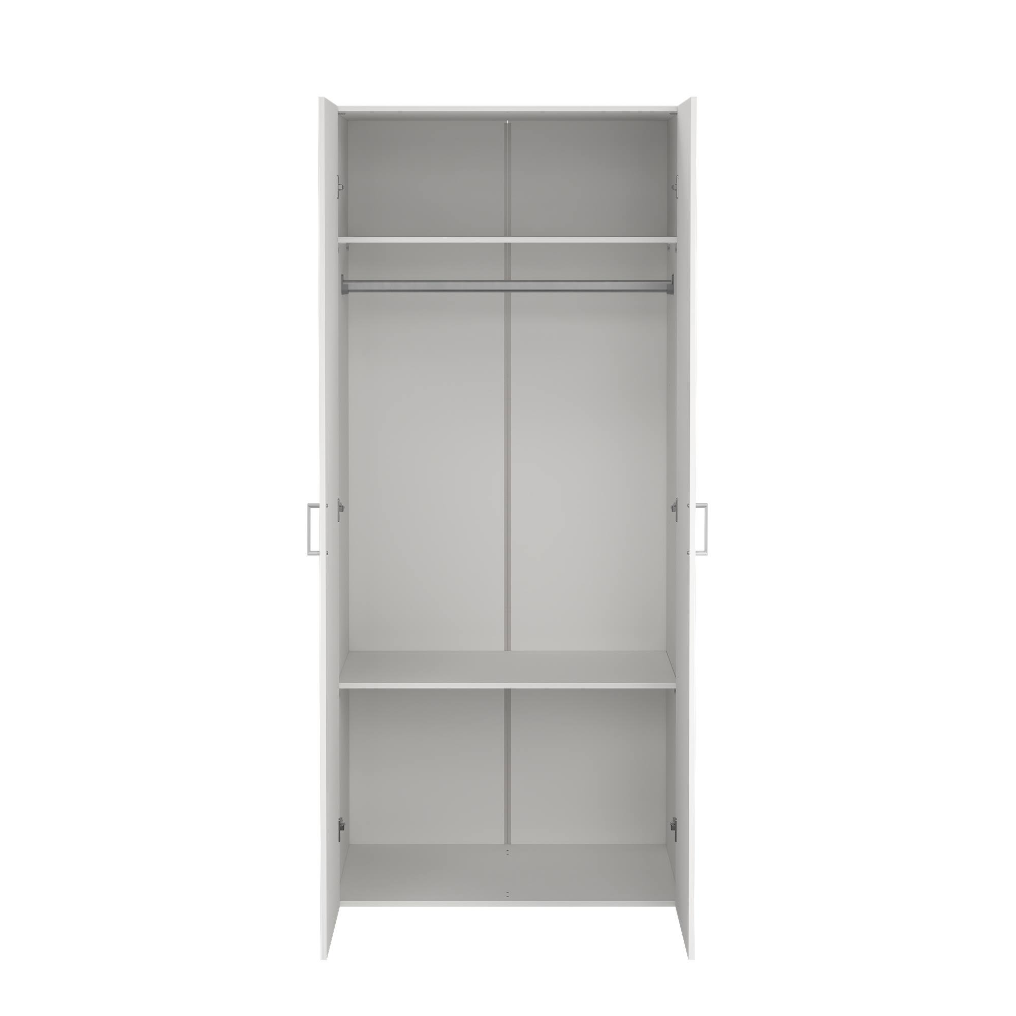 Un armario blanco con dos puertas abiertas. Tiene estantes y una barra dentro. El fondo es blanco.