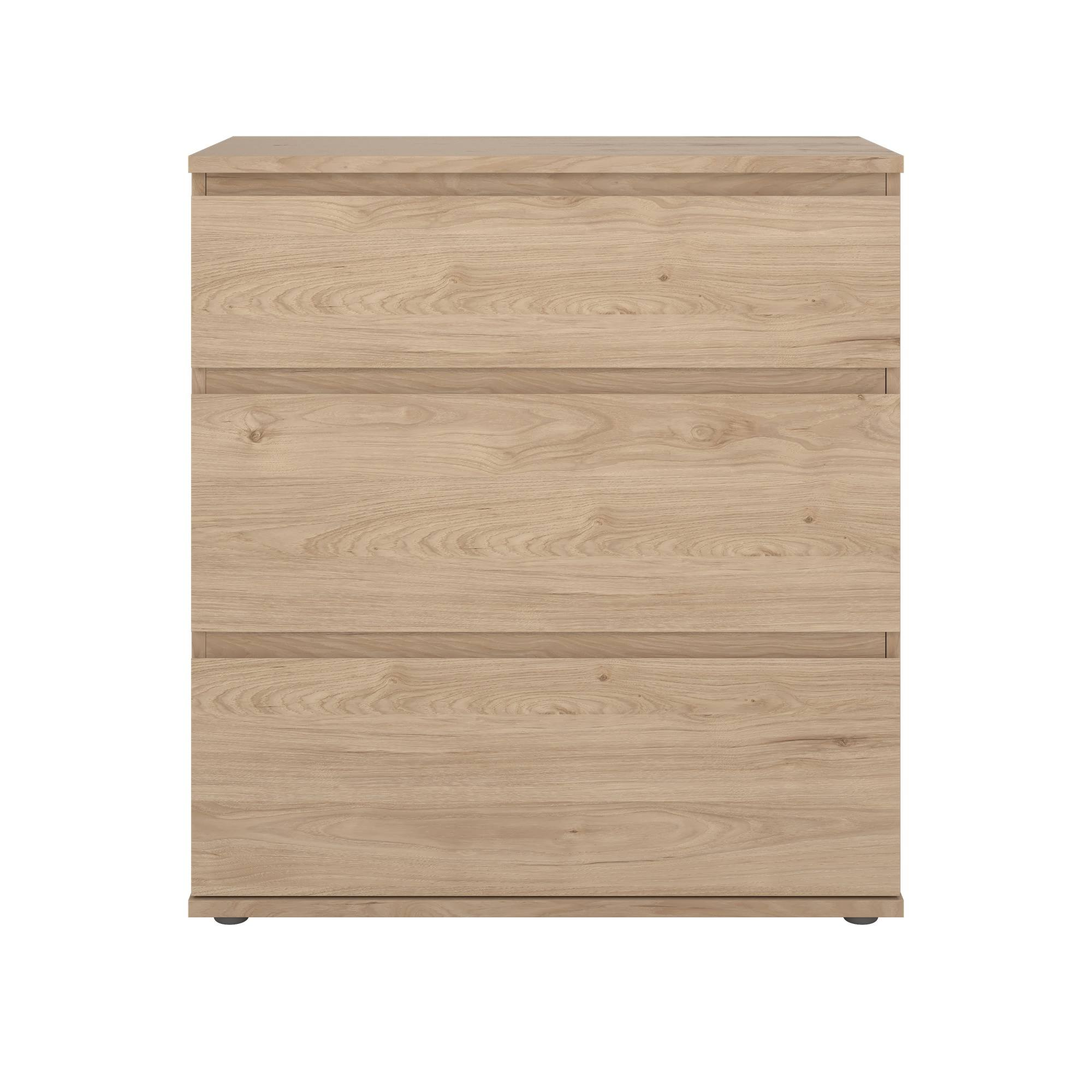 Un aparador de vetas de madera clara con tres cajones. La madera tiene vetas visibles y está sobre fondo blanco.