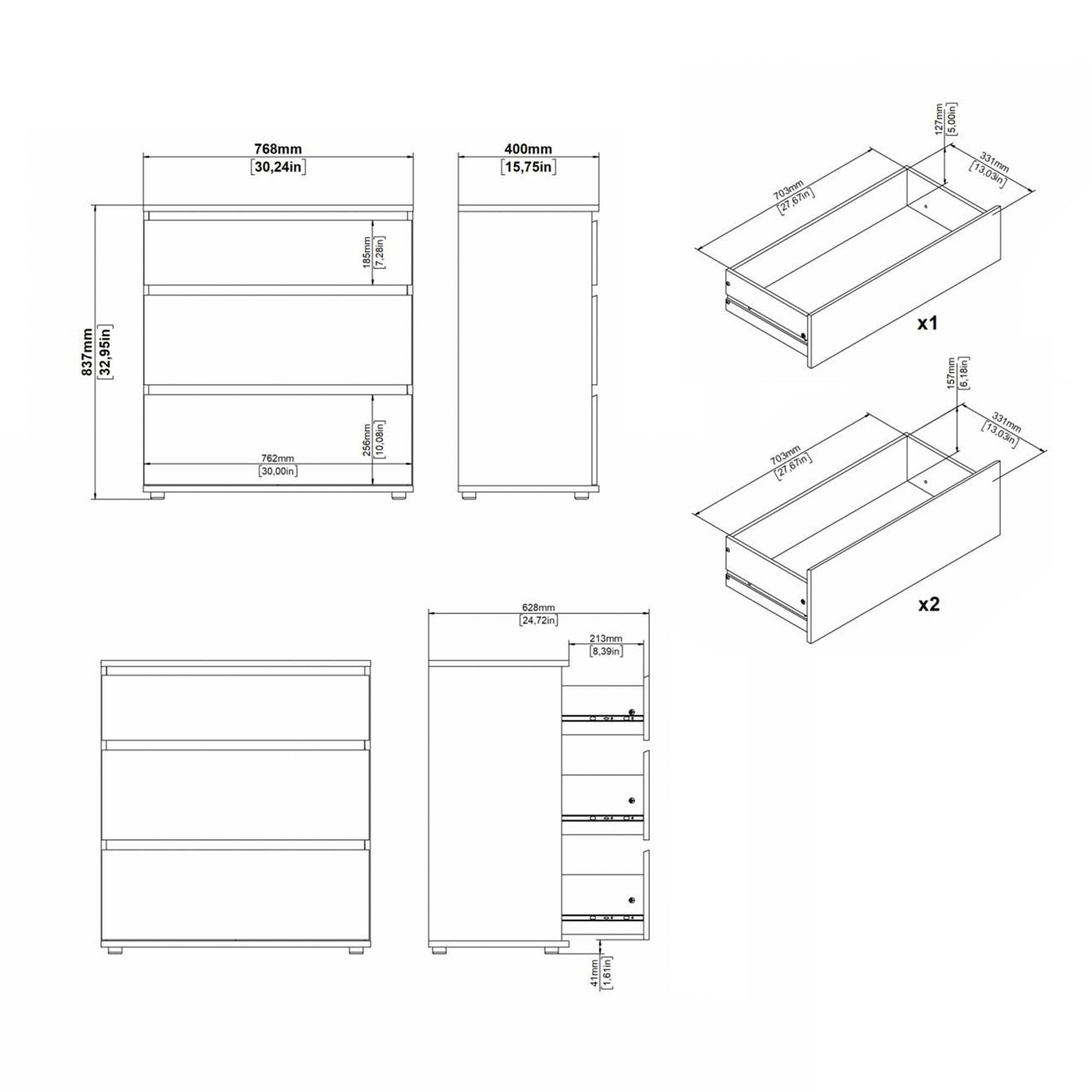 Diagrama de un aparador con dimensiones en mm y pulgadas, mostrando vistas frontal, lateral y detalles de los cajones.