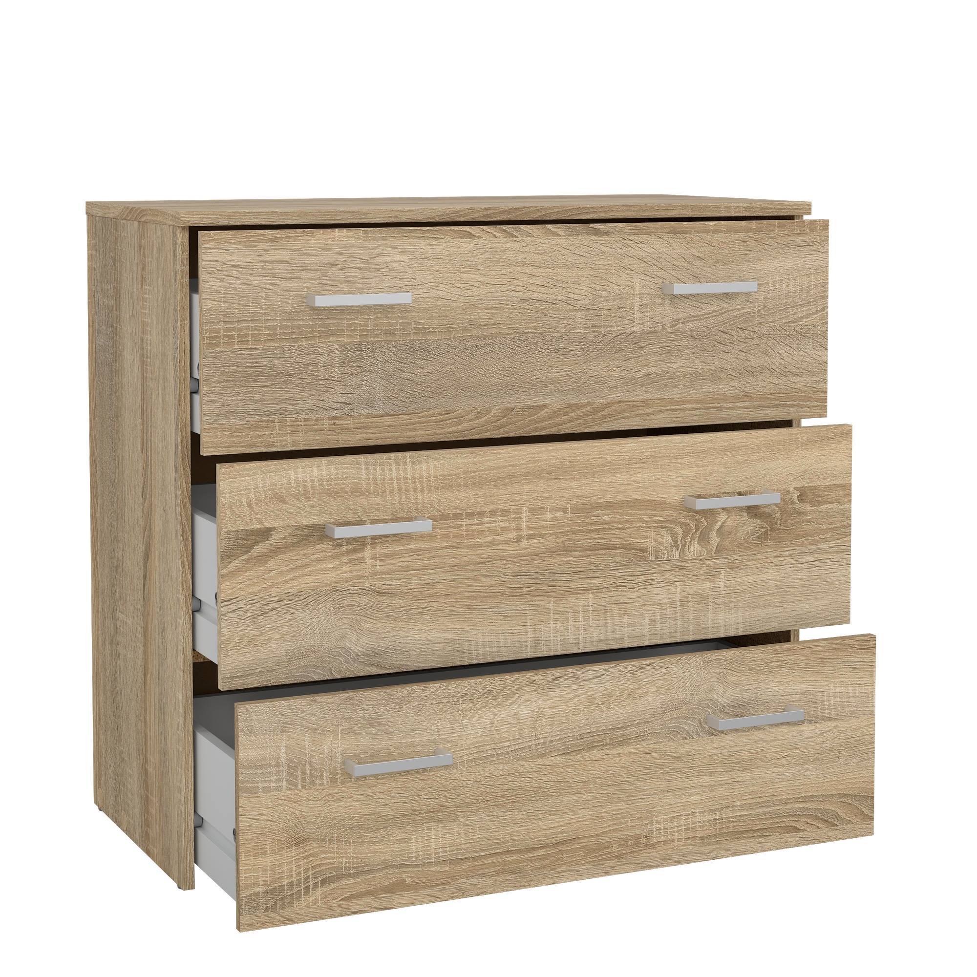 Un mueble de madera de tres cajones con acabado marrón claro. Dos cajones están abiertos, revelando los interiores y las manijas plateadas.