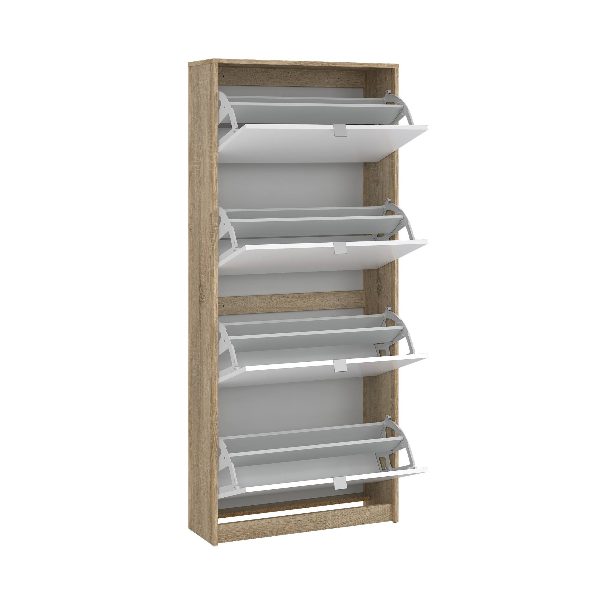 Un zapatero con cuatro compartimentos. El mueble es de madera y tiene estantes blancos. Algunos estantes están abiertos.