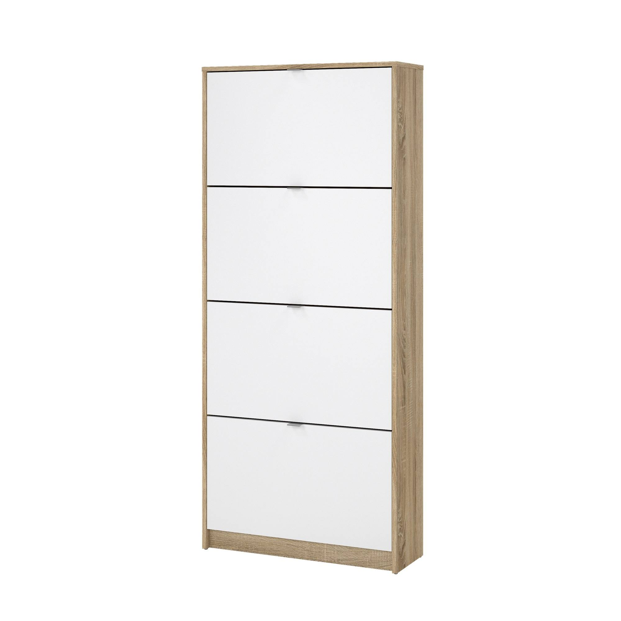 Un zapatero alto y rectangular. Tiene cuatro puertas blancas y un marco de madera marrón claro. El fondo es blanco.
