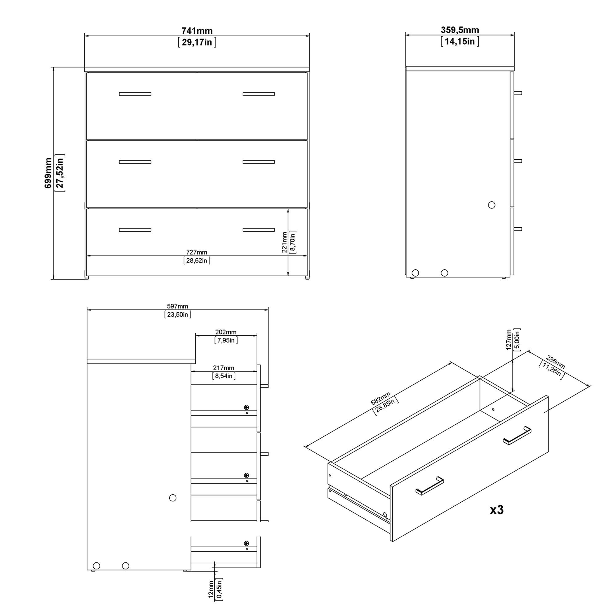Dibujo técnico de una cómoda con dimensiones. Muestra el frente, el lateral y un cajón. Medidas en mm y pulgadas.