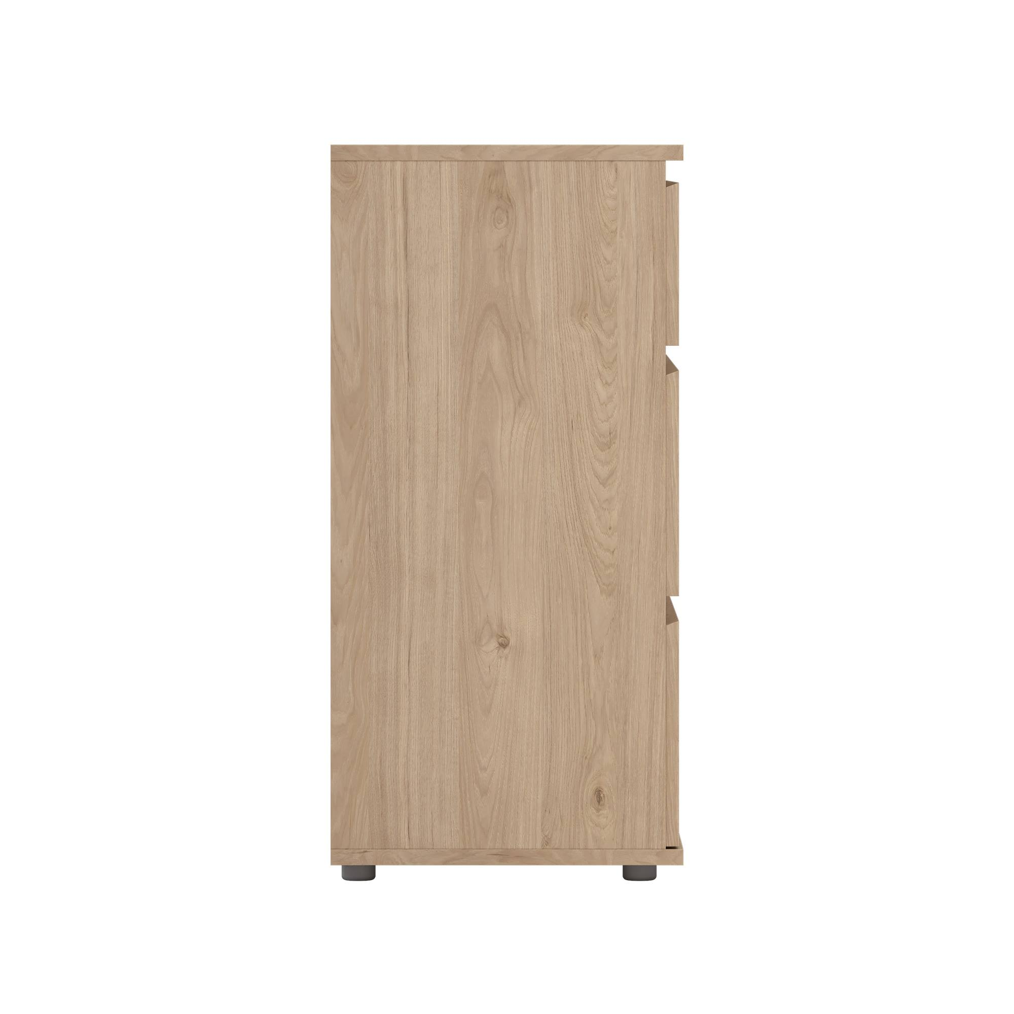 Gabinete de madera con tres cajones visibles y patas grises oscuras, sobre fondo blanco.
