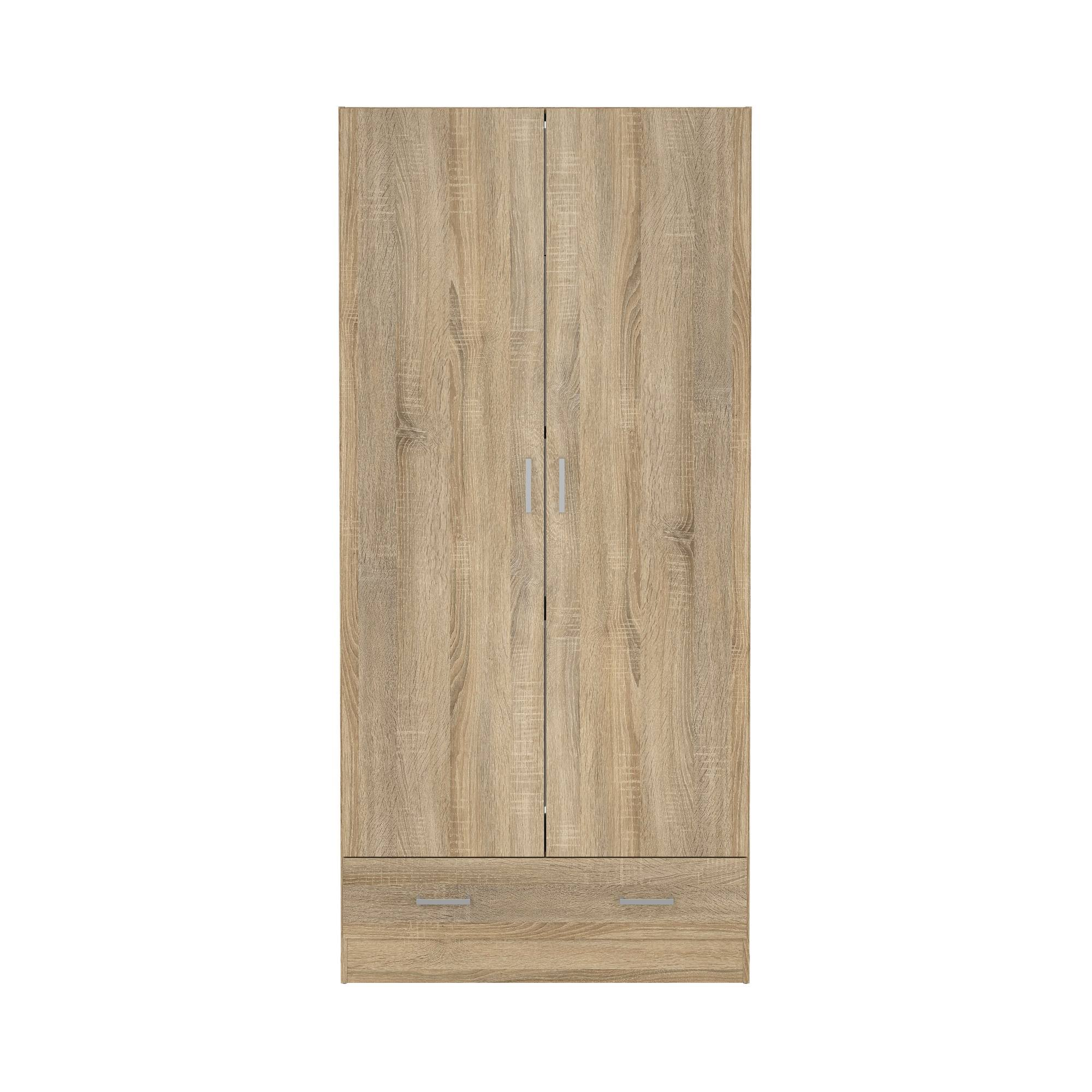 Un armario de madera marrón claro con dos puertas y dos cajones debajo. Se ven tiradores plateados.