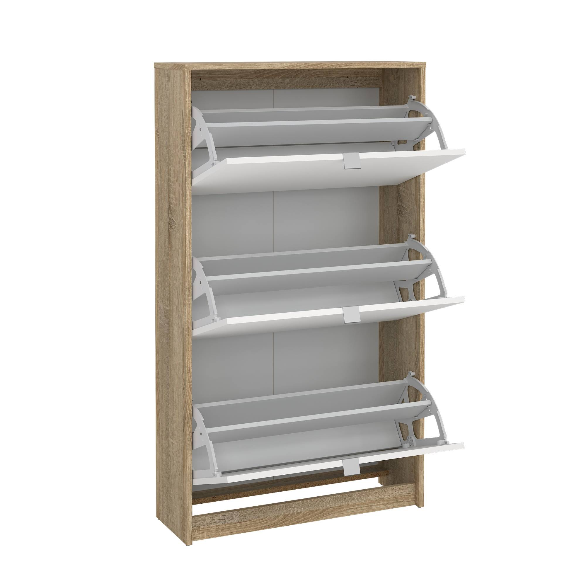 Un zapatero de madera con tres compartimentos, dos puertas abiertas. Interior blanco, exterior marrón claro.