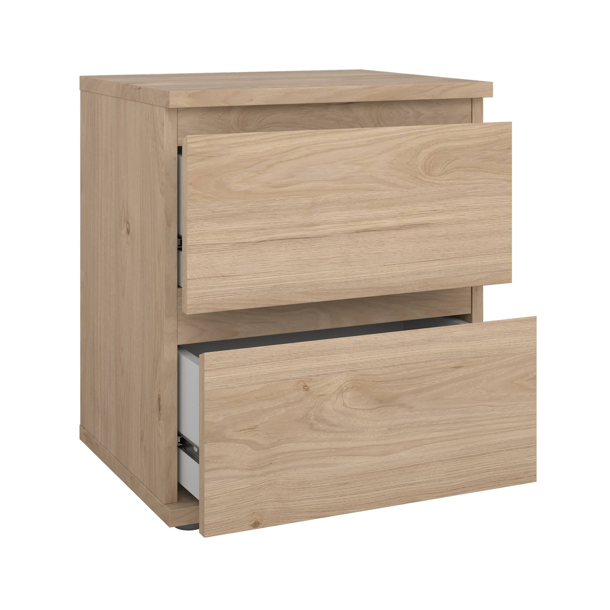 Una mesita de noche de madera clara con dos cajones abiertos. El cajón superior está parcialmente abierto, el inferior, totalmente.