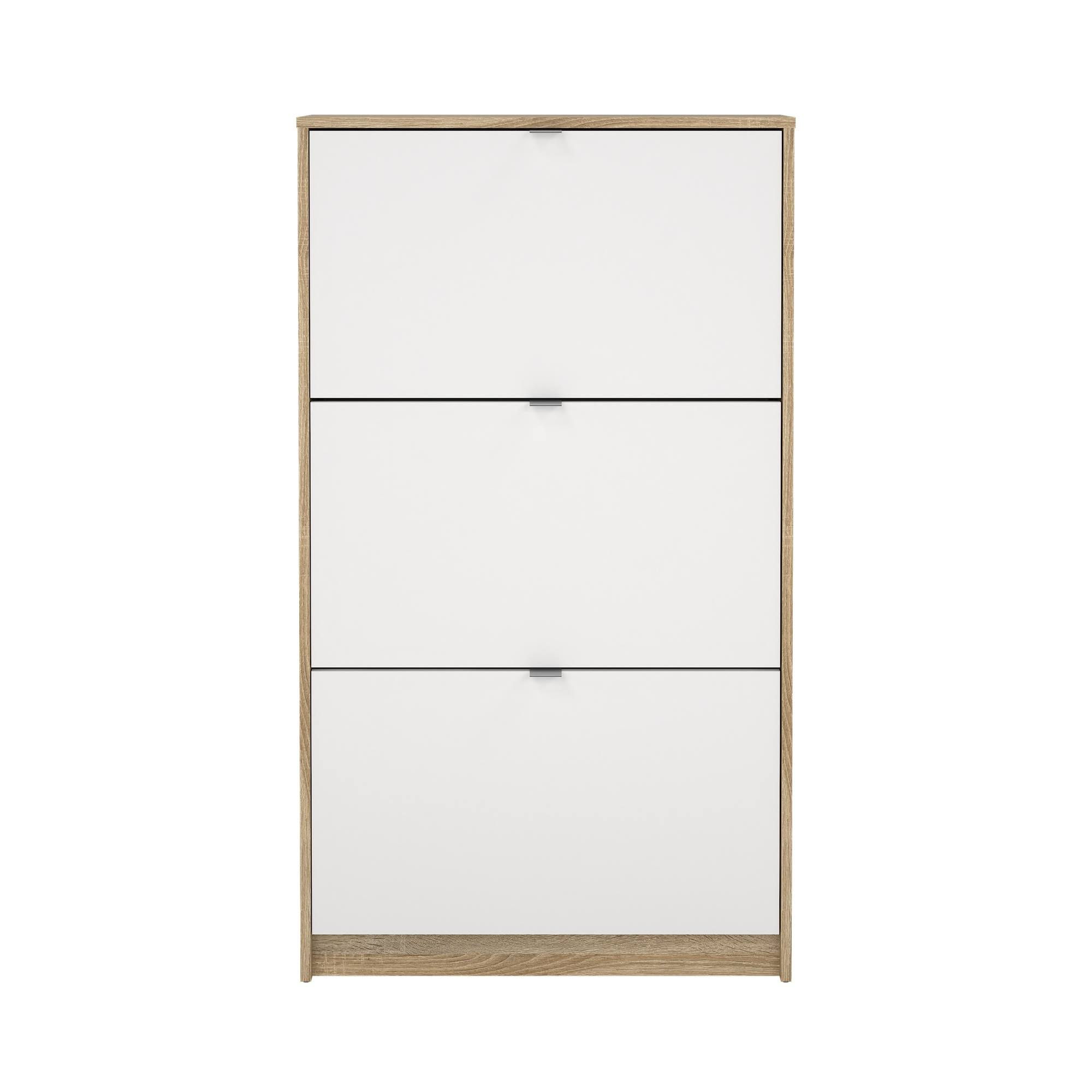Un armario blanco con tres cajones y marco y tapa de madera marrón claro. Cada cajón tiene un tirador plateado.