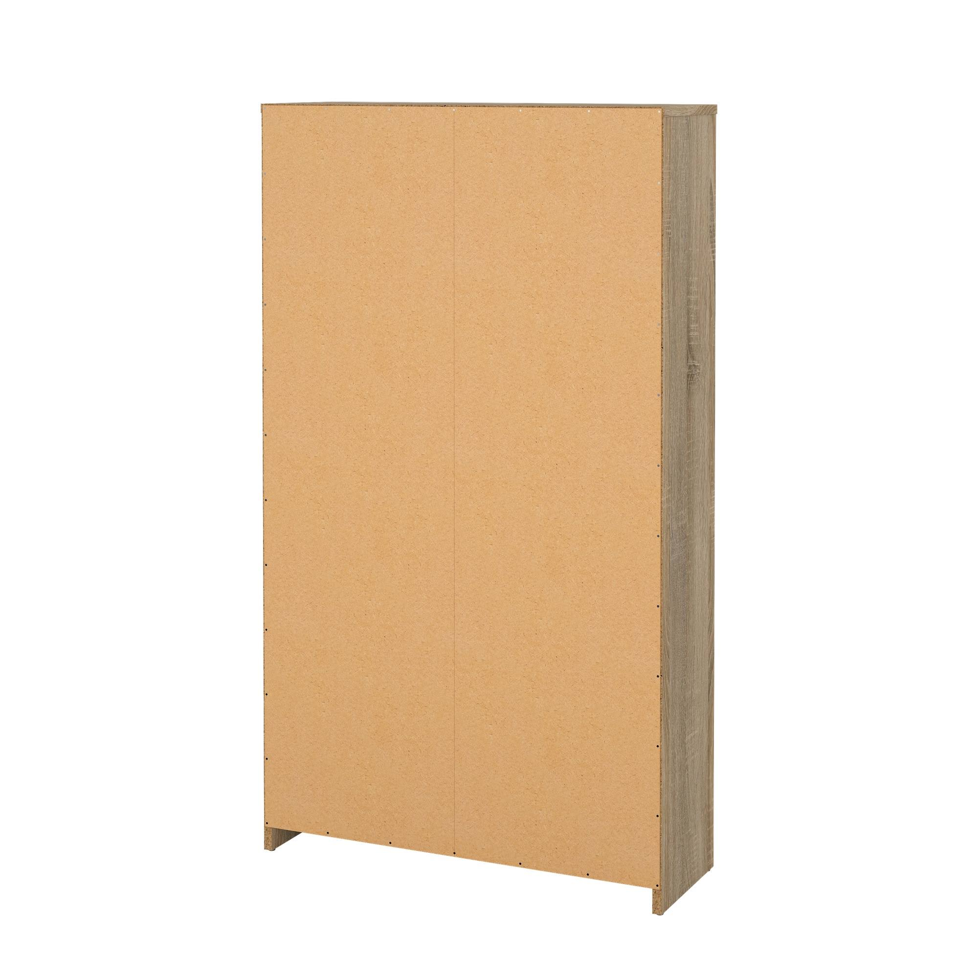 Un armario alto de color marrón claro con dos puertas. El lado derecho es veteado. El fondo es blanco.