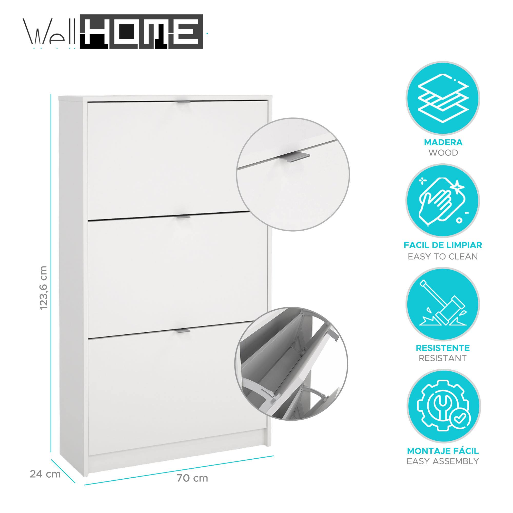 Zapatero blanco con tres compartimentos. Incluye dimensiones e iconos de madera, fácil limpieza, resistente y montaje.
